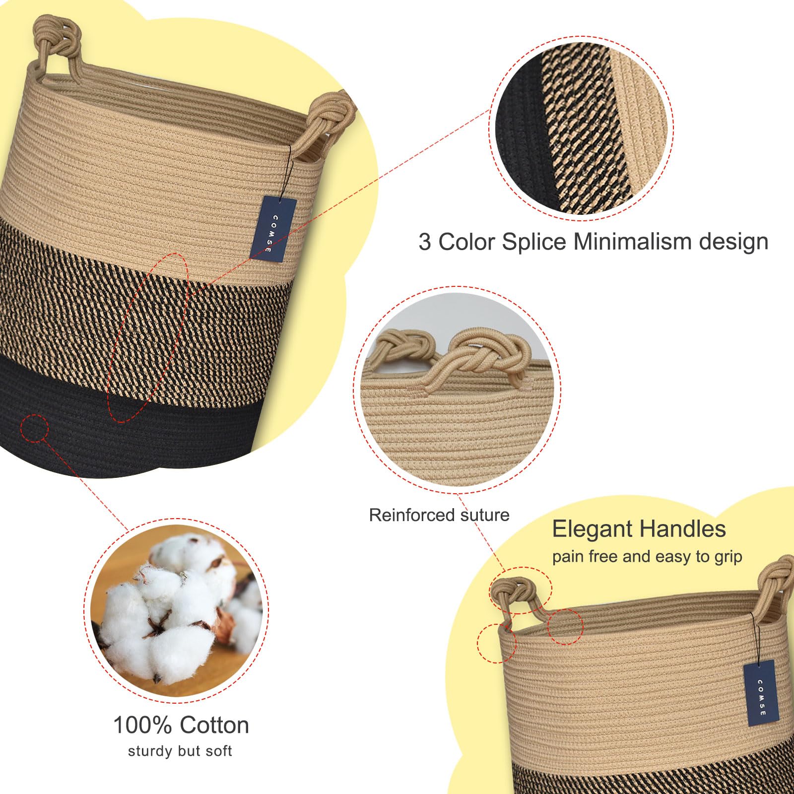 COMSE foldable cotton rope basket empty seams for compact transport