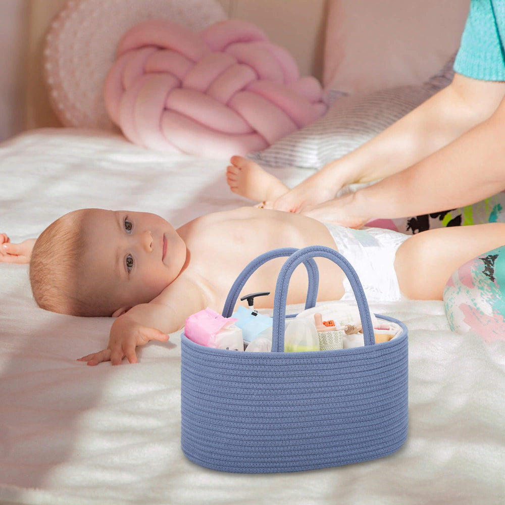 COMSE folkstone gray diaper caddy blends with nursery decor.