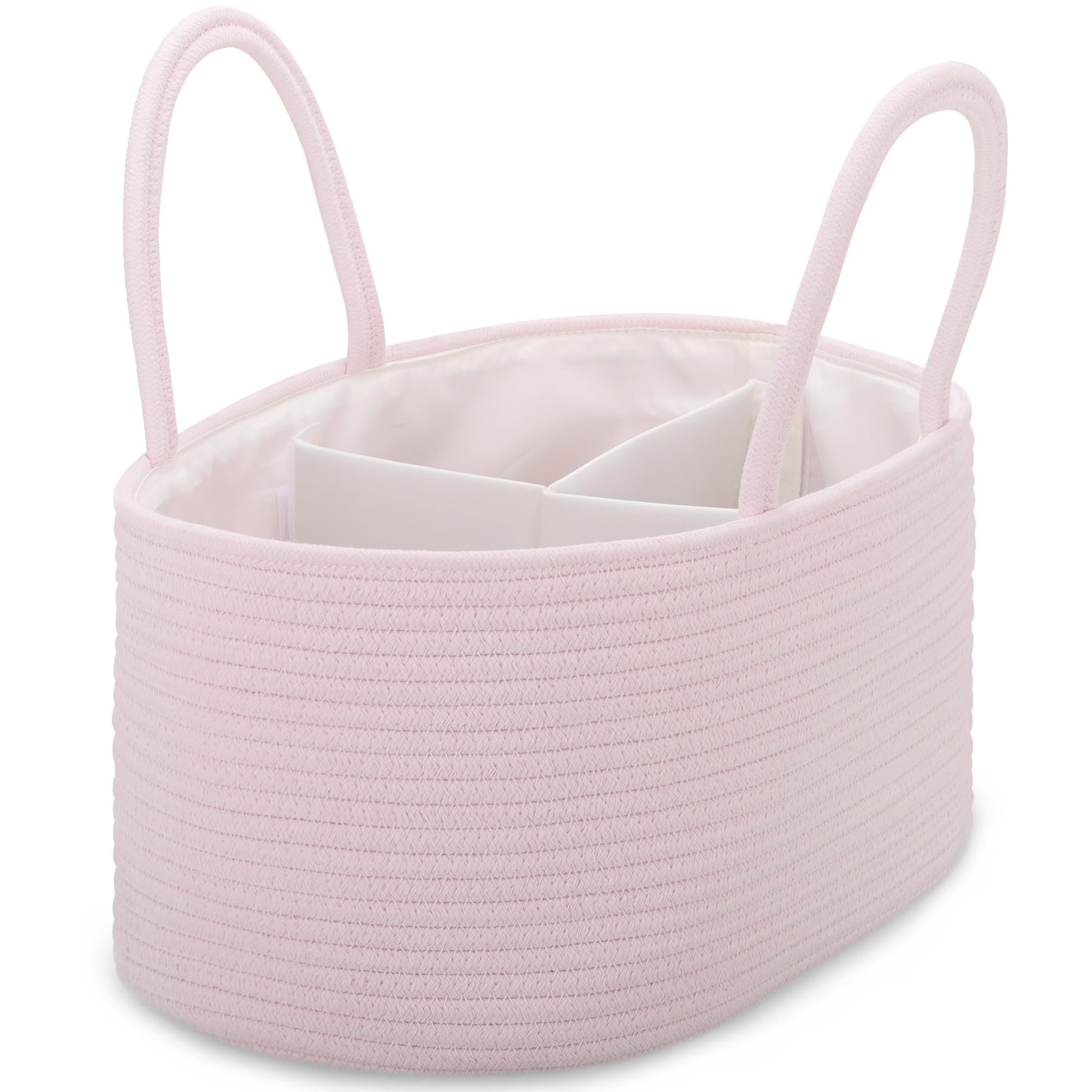 COMSE large diaper caddy in light pink, front view with roomy compartments for essentials
