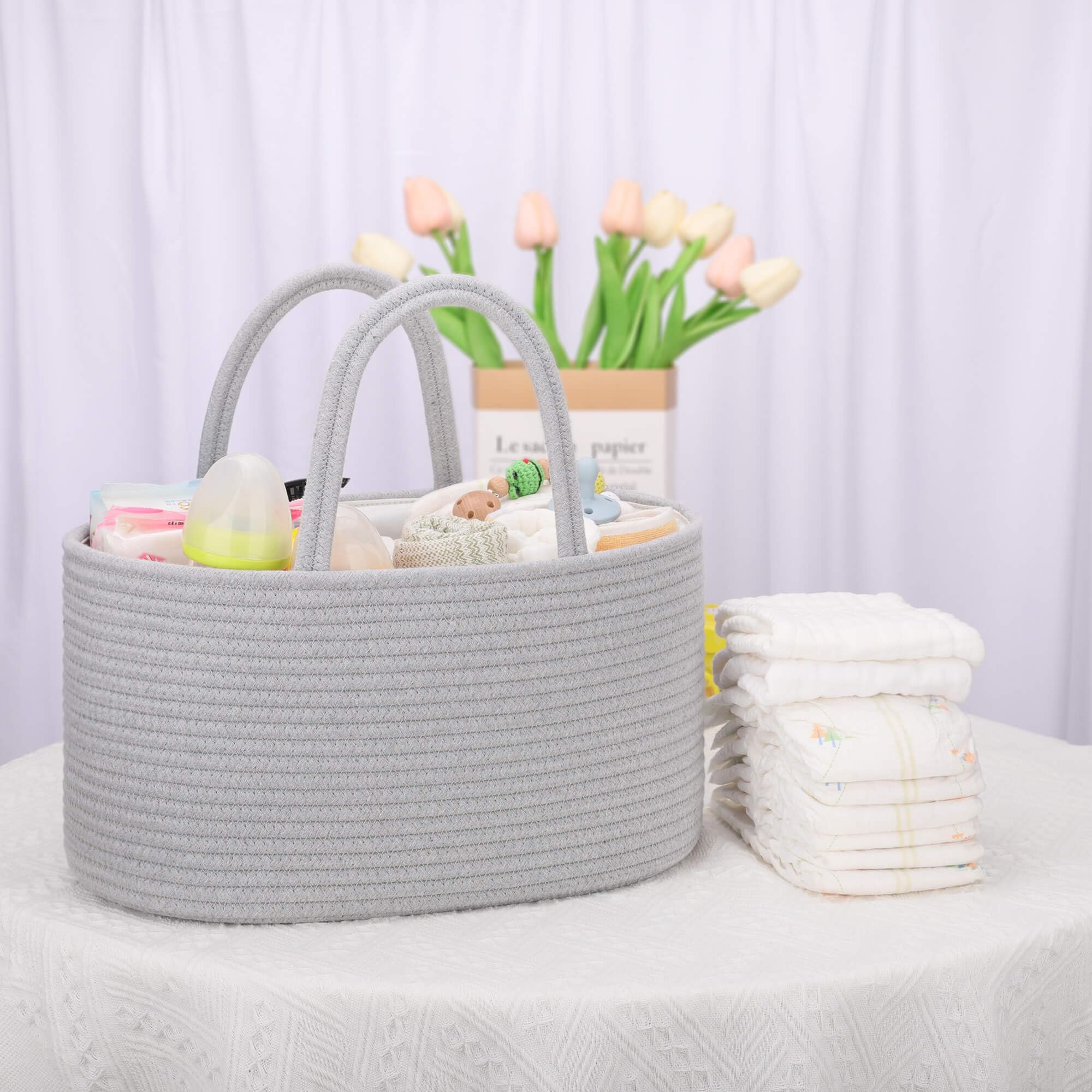 COMSE diaper caddy with removable dividers fits neatly on dresser tops.