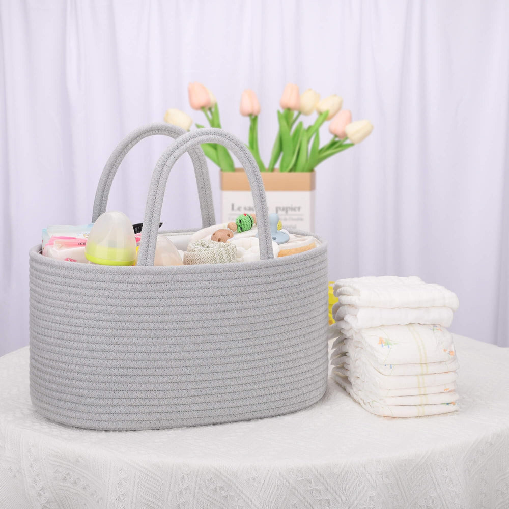 COMSE diaper caddy with removable dividers fits neatly on dresser tops.