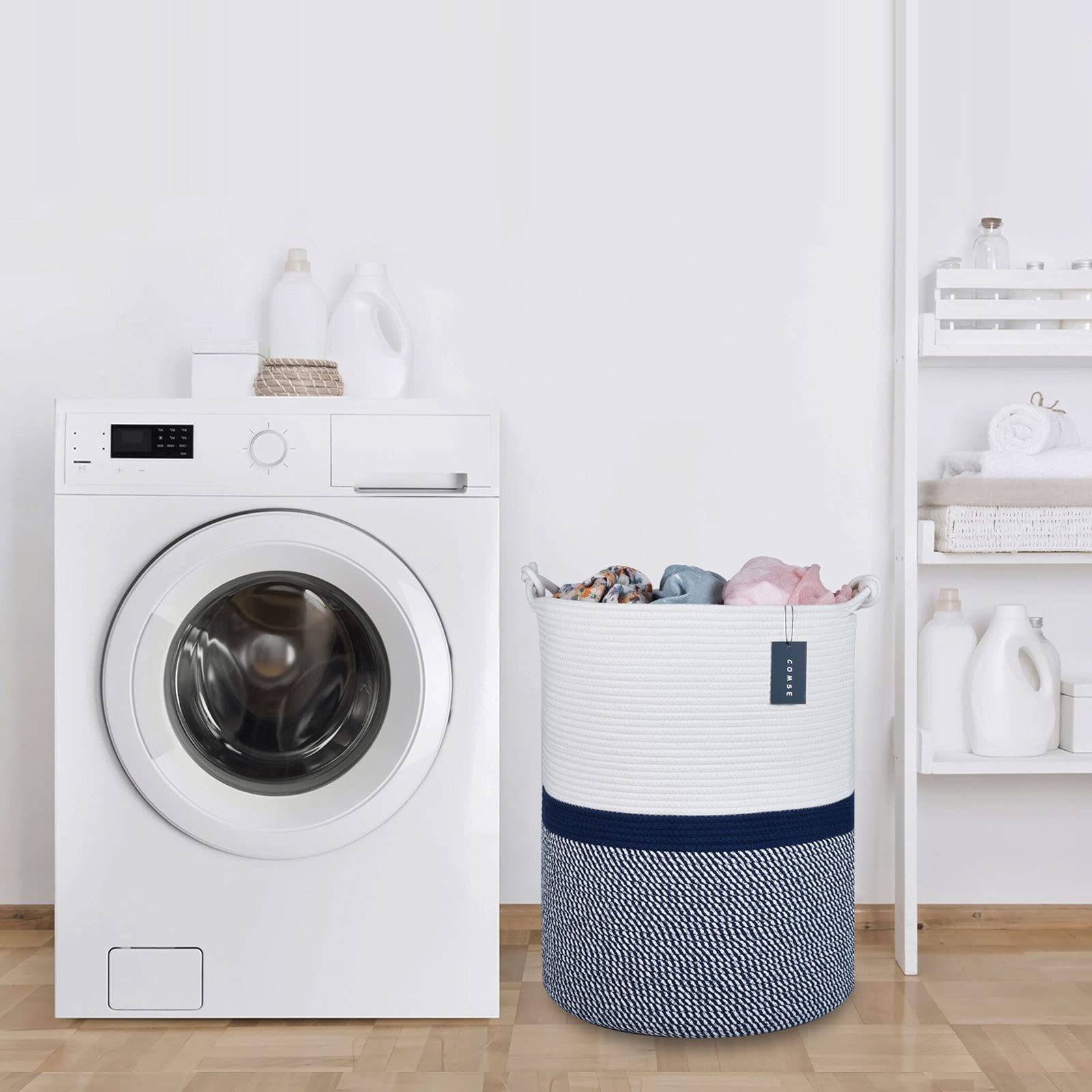 COMSE Neutral color scheme enhances laundry room, nursery, and living areas.