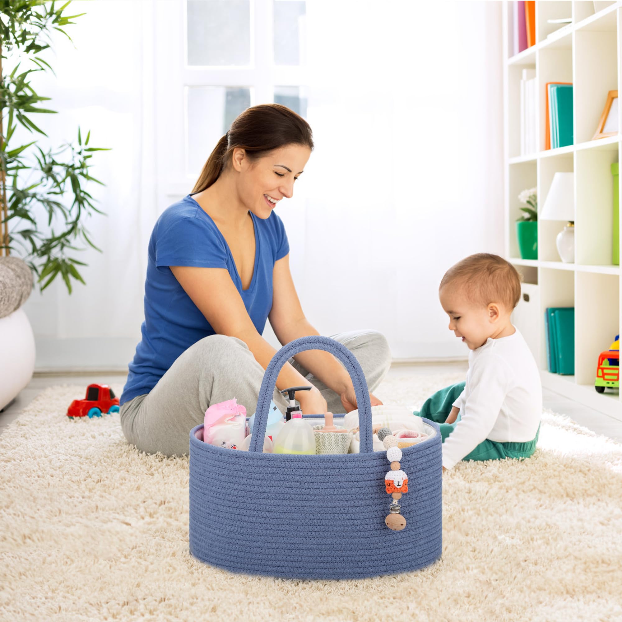 COMSE nursery storage basket with sturdy handles for easy carrying.
