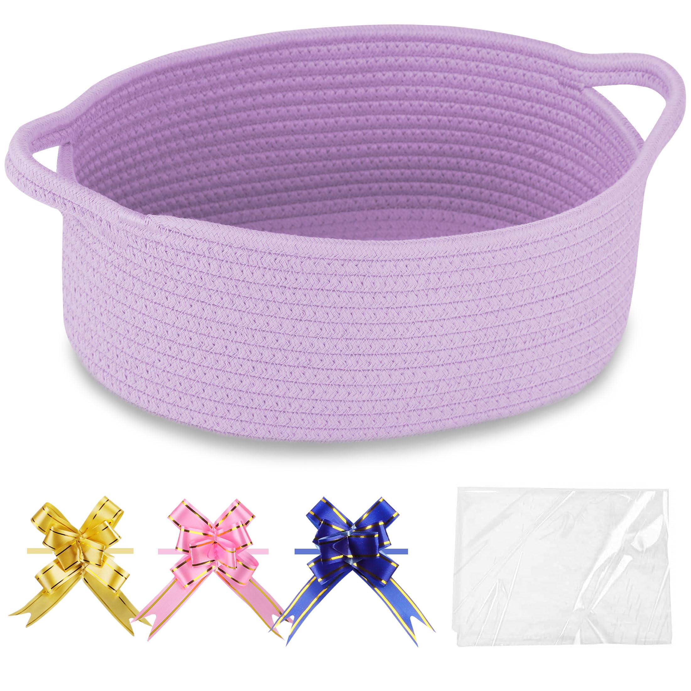 COMSE small woven basket with gift bags and ribbons, ideal for organized gifting.