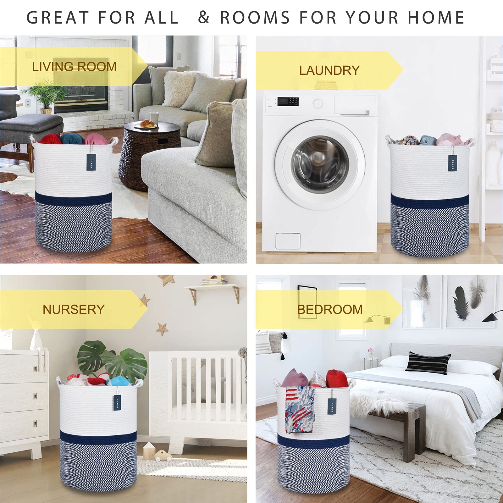 COMSE Tall Woven Storage Basket demonstrating sturdy construction for toy and clothing storage.