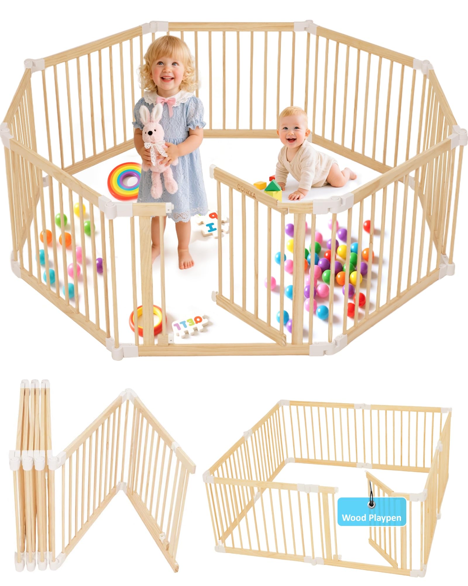 CONKKA foldable wooden baby playpen assembly enables quick setup and secure play area.