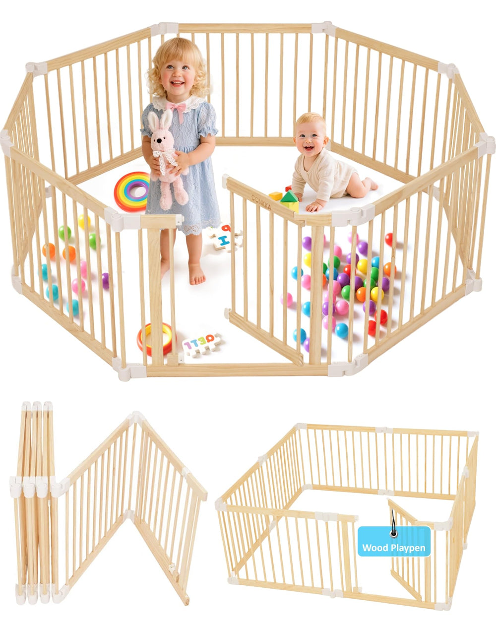 CONKKA foldable wooden baby playpen assembly enables quick setup and secure play area.