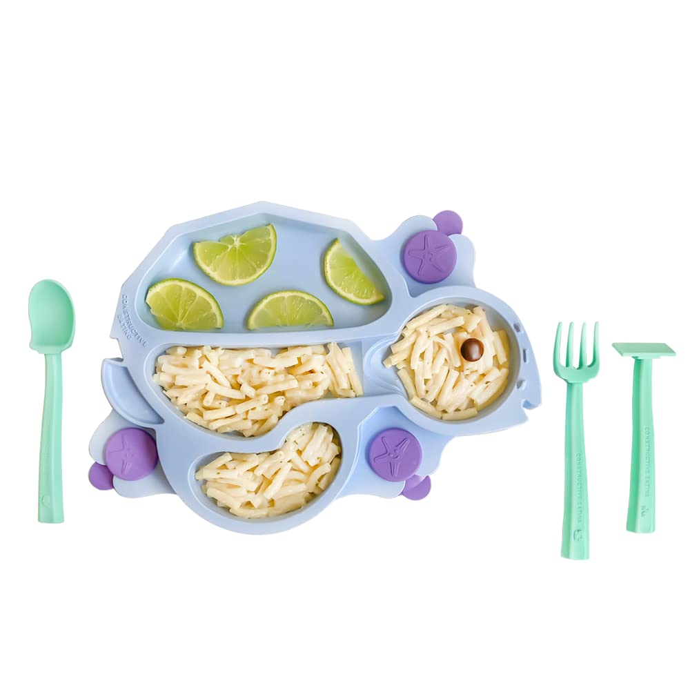 Constructive Eating Blue Turtle plate with divided sections for organized toddler meals.