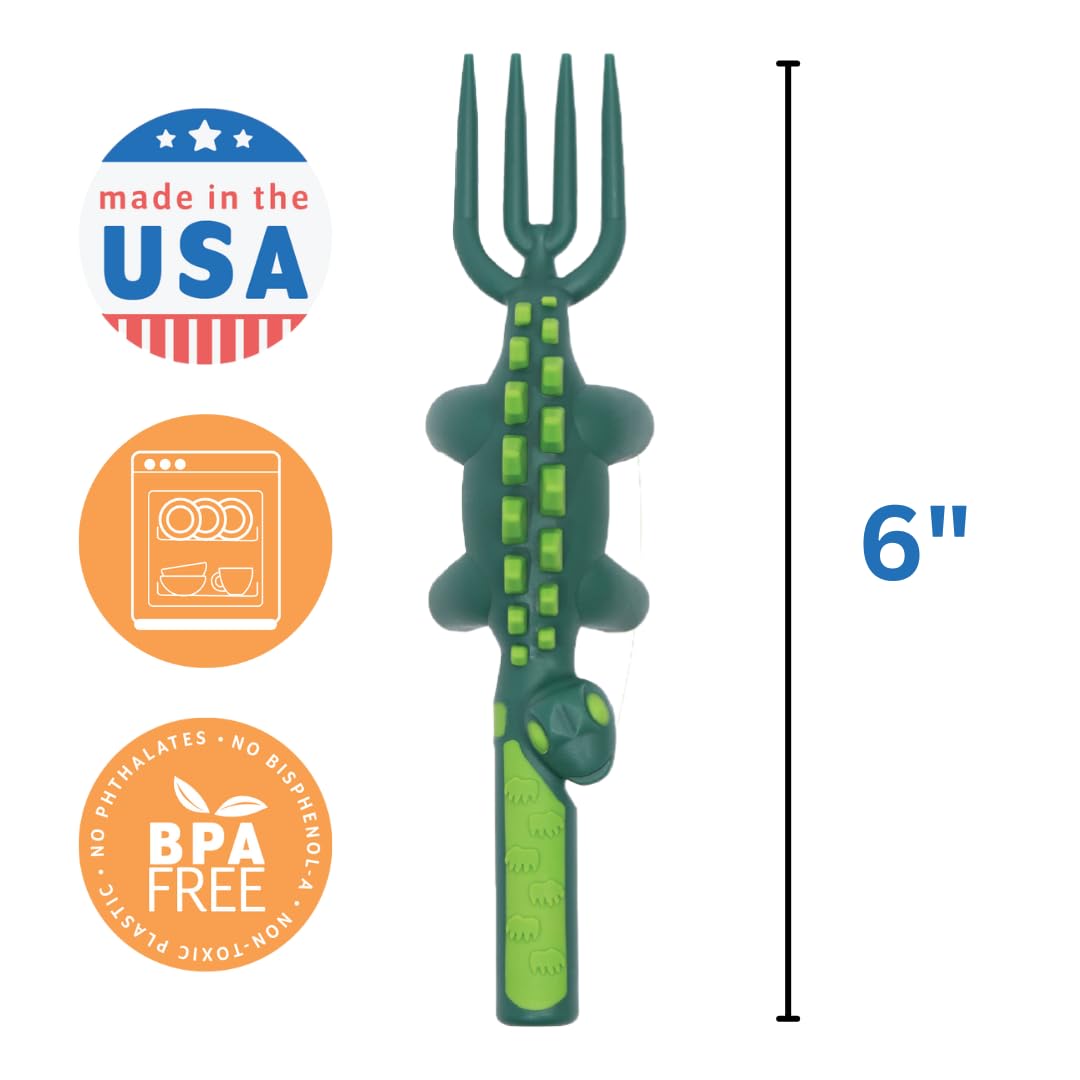 Constructive Eating dinosaur fork closeup emphasizes sturdy toddler-friendly dining option