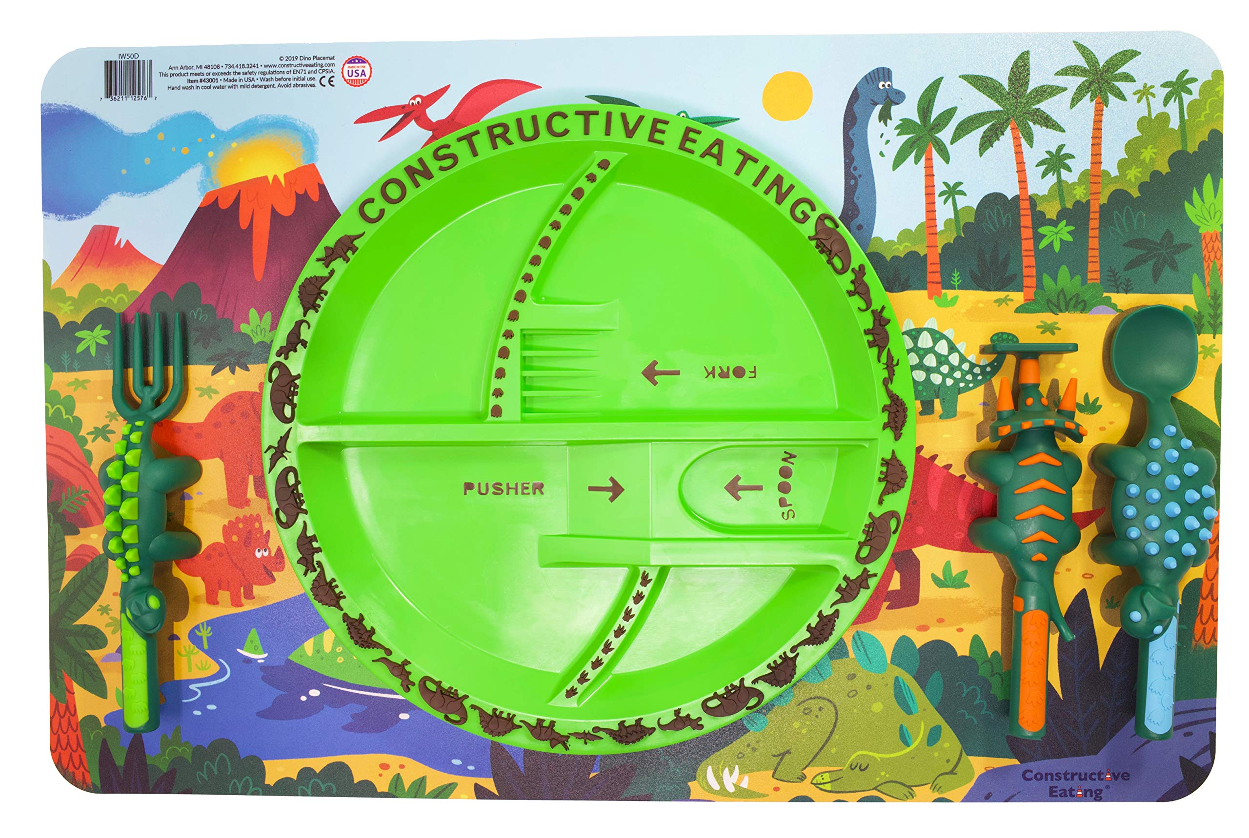 Constructive Eating dinosaur-placemat demonstrates playful design protecting the table.