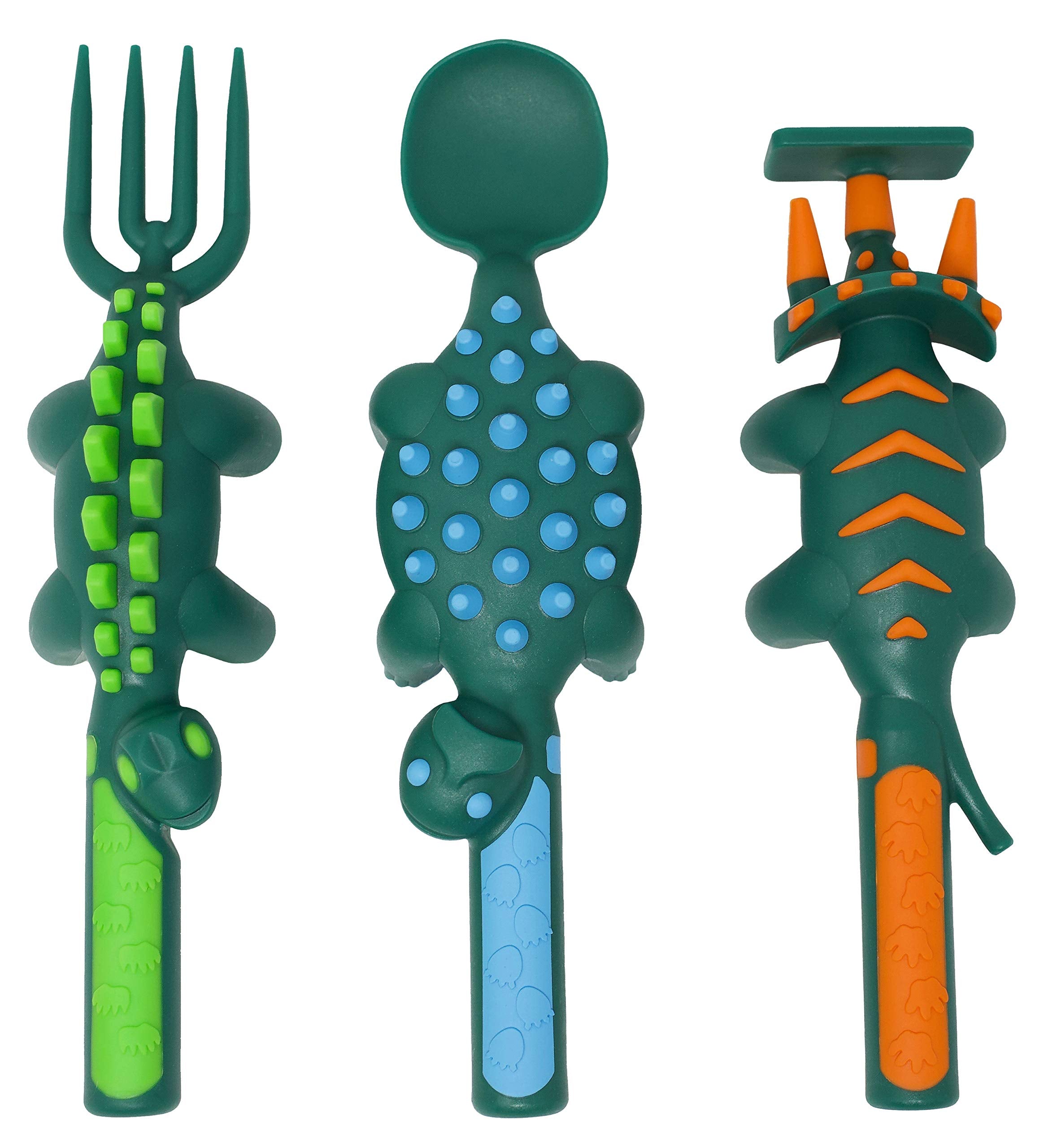 Constructive Eating dinosaur spoon closeup highlights ergonomic grip and playful theme