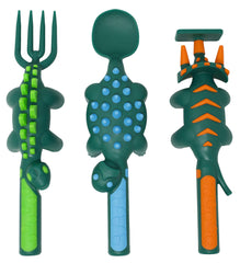 Constructive Eating dinosaur spoon closeup highlights ergonomic grip and playful theme