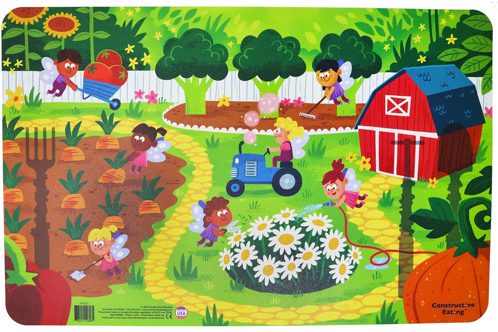 Constructive Eating Garden Fairy plate close-up highlights durable, kid-friendly construction.