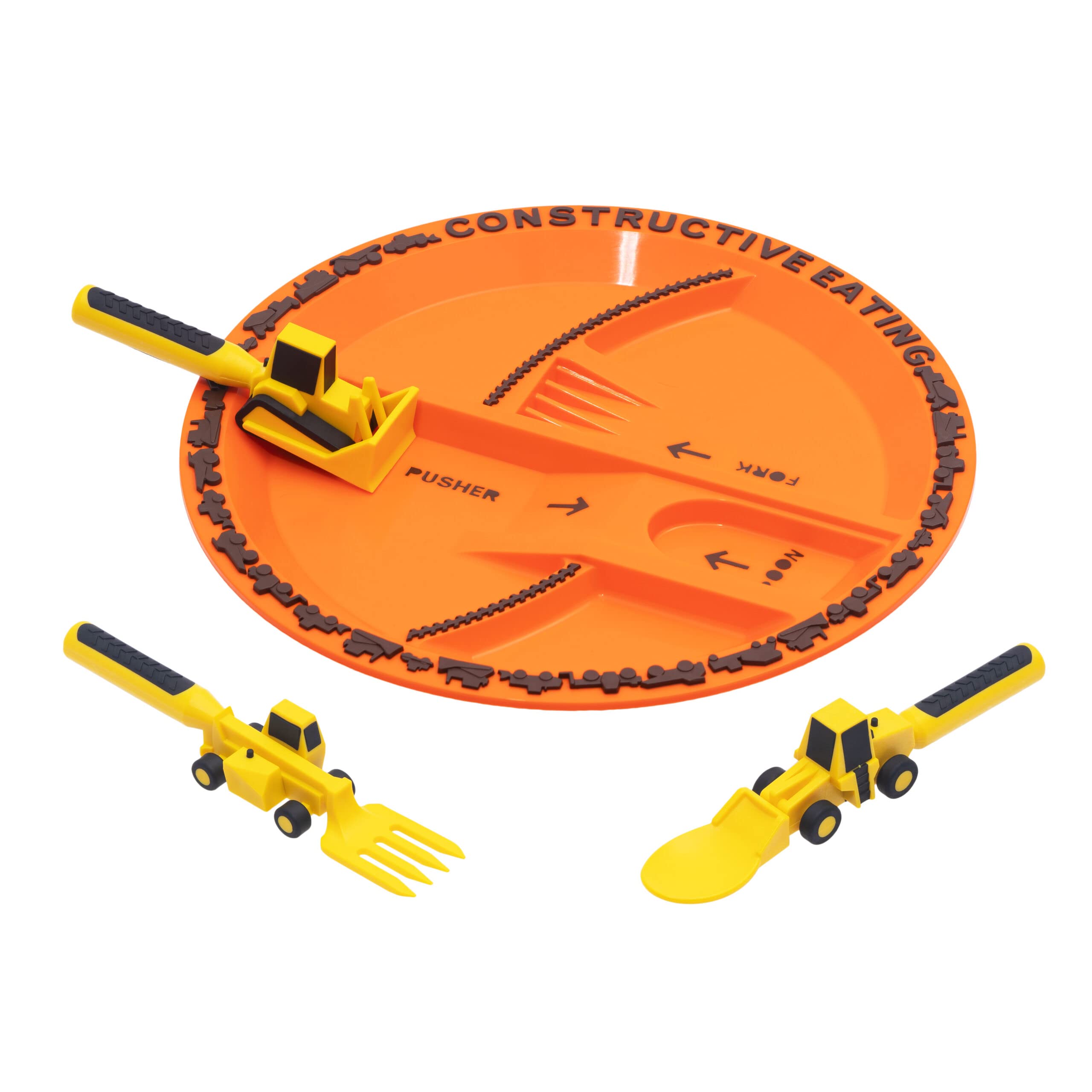 Constructive Eating plate with construction design engages toddlers at mealtime.