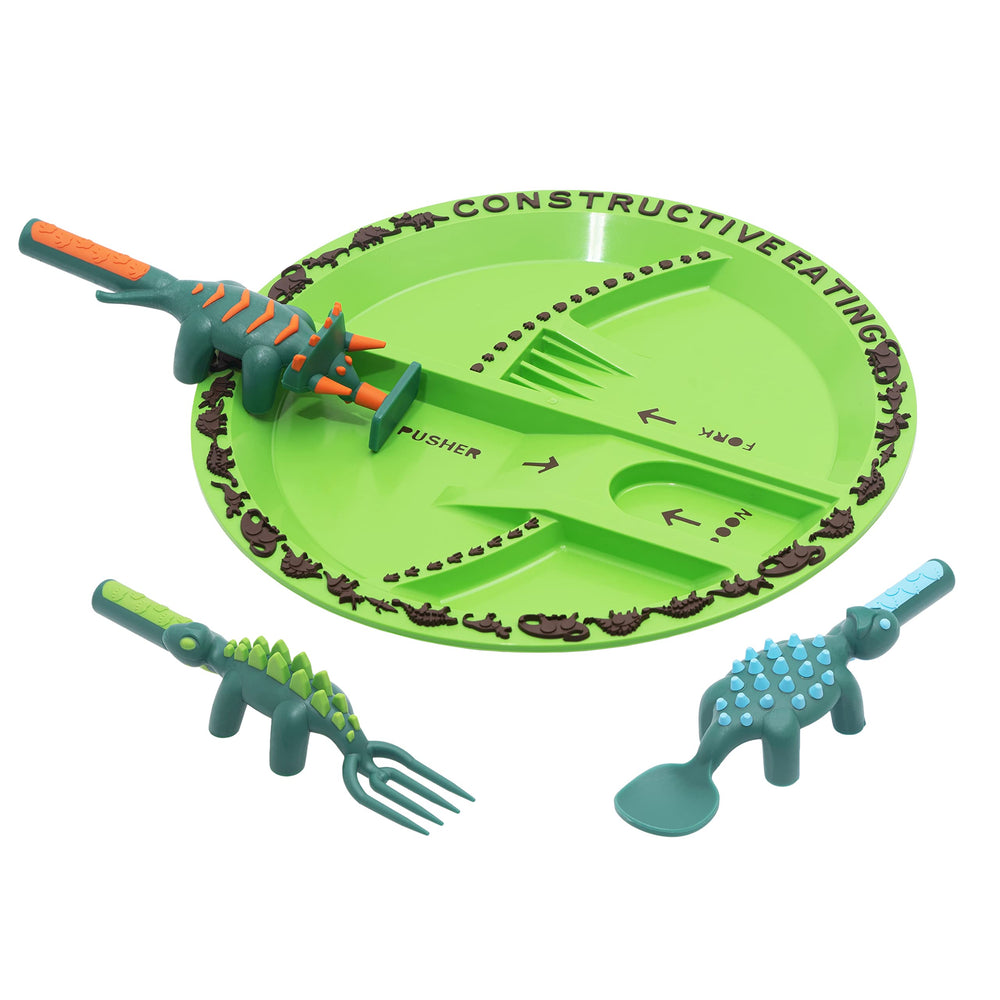 Constructive Eating divided plate with dinosaur design for balanced toddler meals.