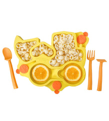 Constructive Eating plate in yellow truck design promotes independent self-feeding during meals.