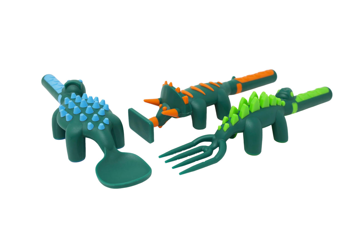 Constructive Eating toddler dinosaur utensils hero image shows kid-friendly design for easy meals