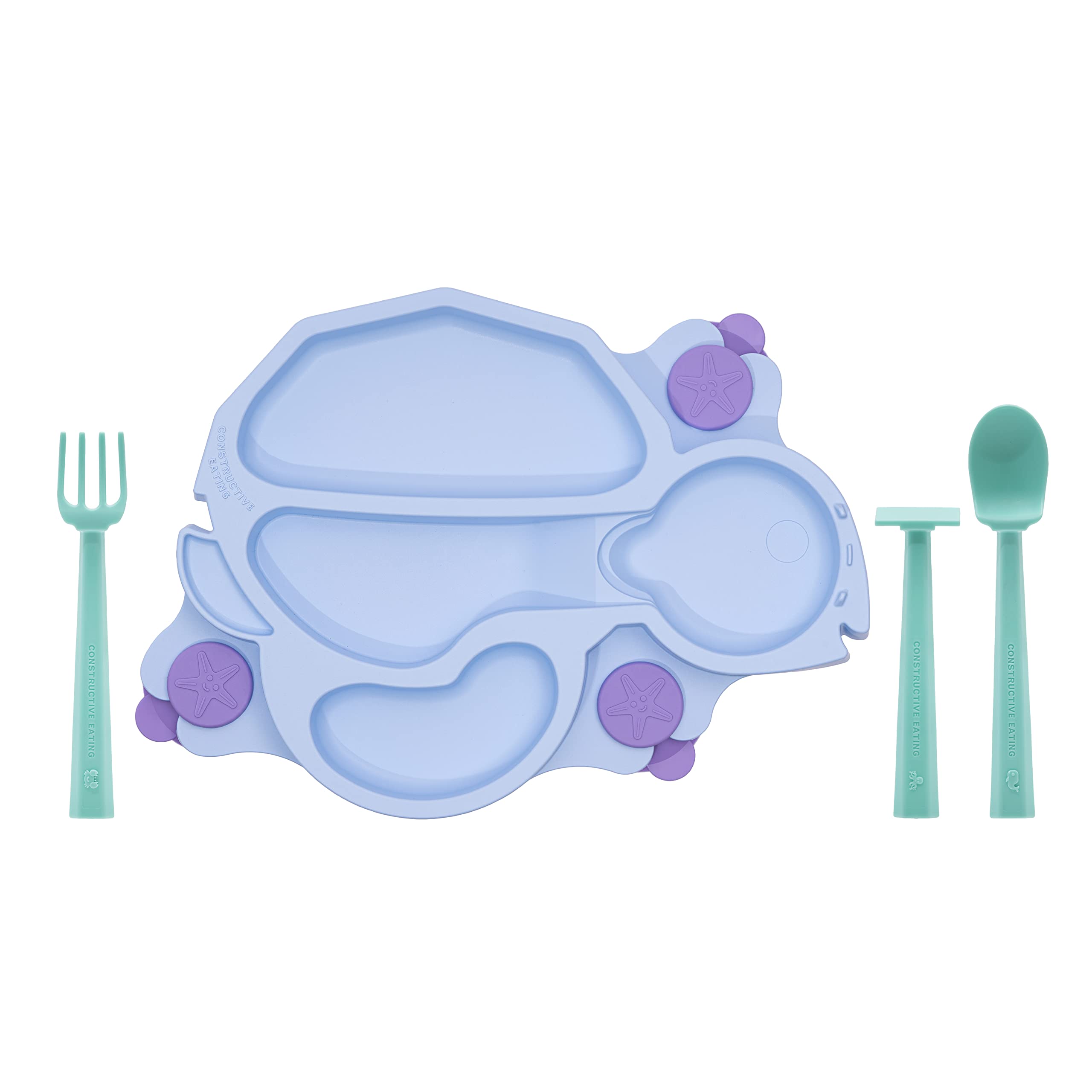 Constructive Eating utensils set with matching blue turtle design for easy grip.