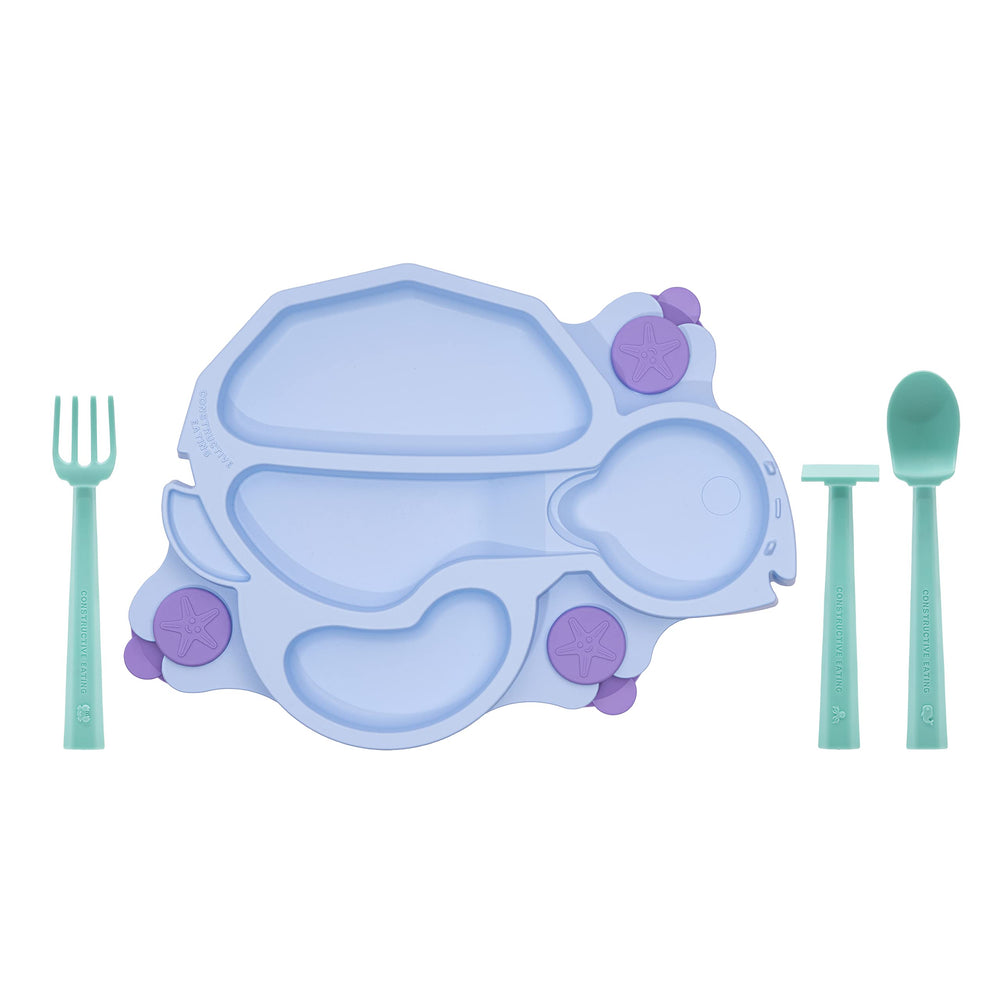 Constructive Eating utensils set with matching blue turtle design for easy grip.