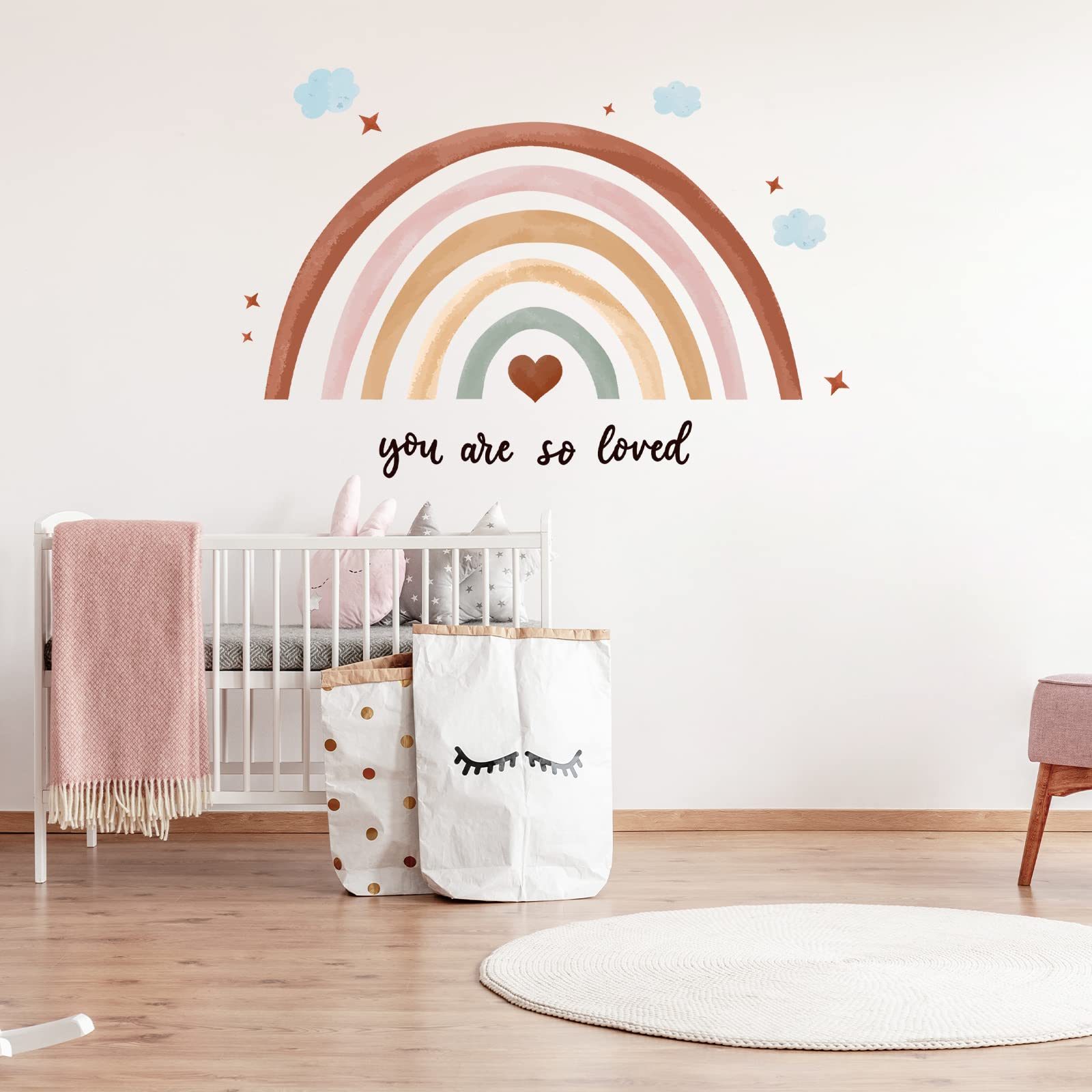 Containlol Rainbow wall decal nursery charm with warm color touches.
