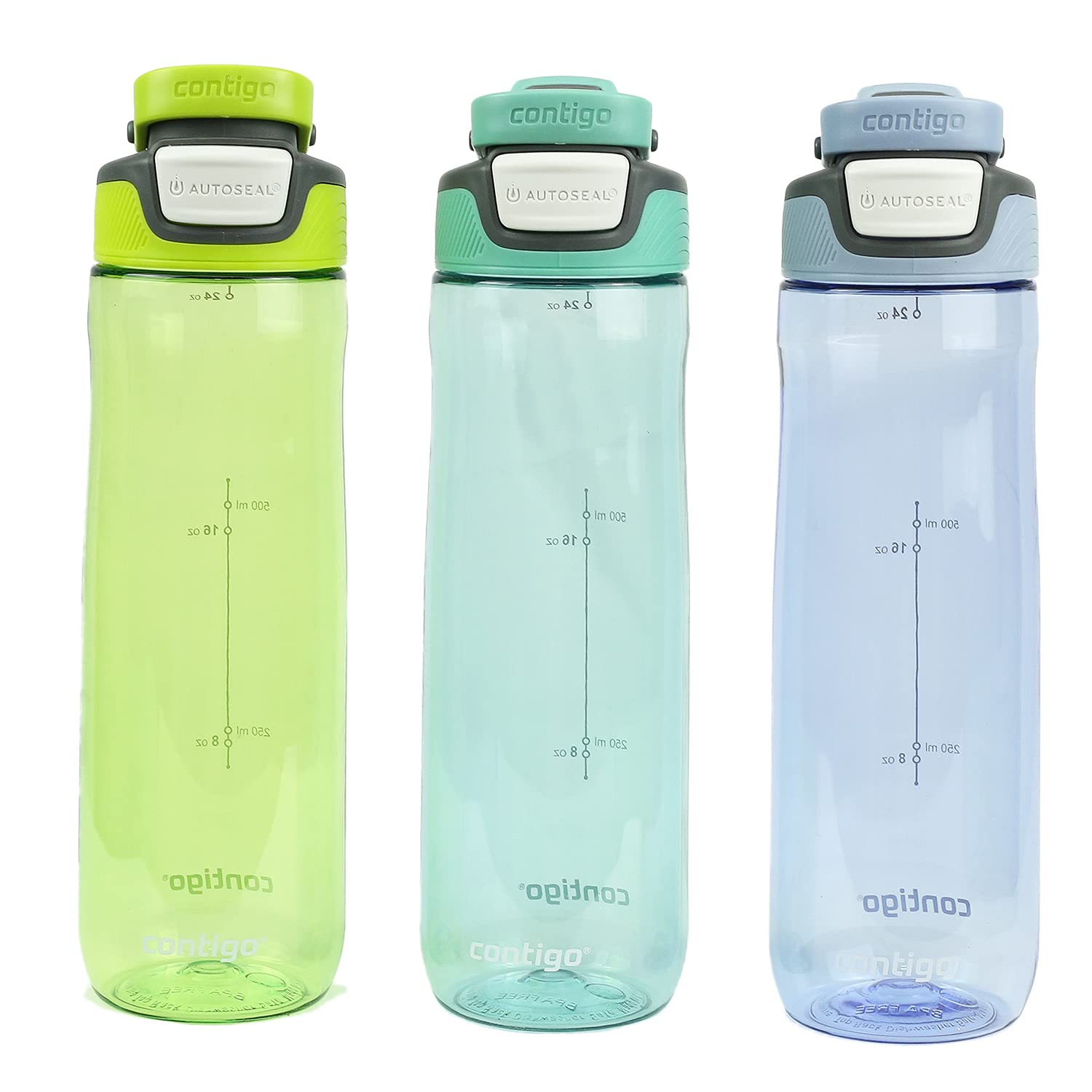 Contigo AutoSeal 24oz Aqua bottle with spout shield for clean drinking.