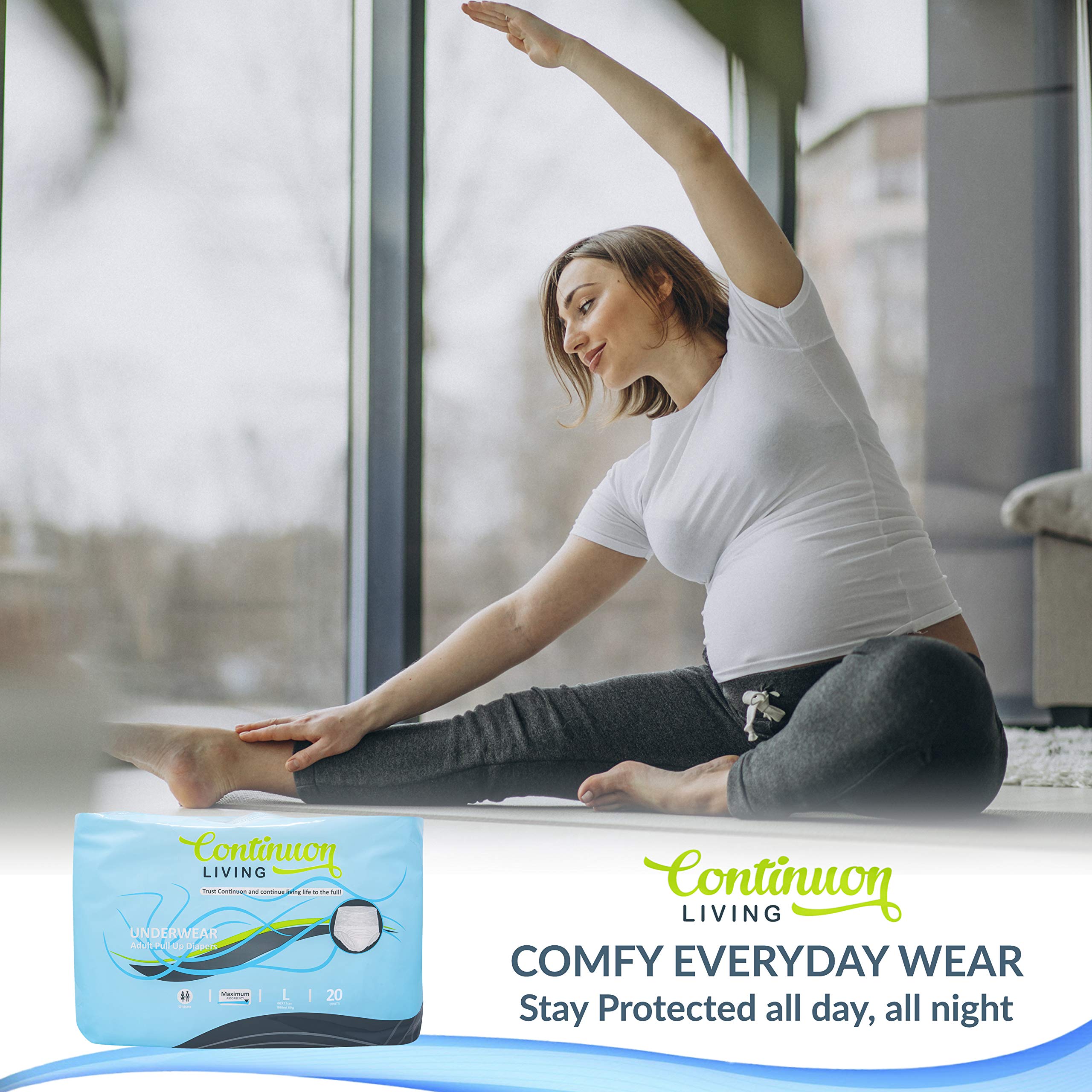 Continuon Living adjustable comfort waistband maintains a snug fit during activities.