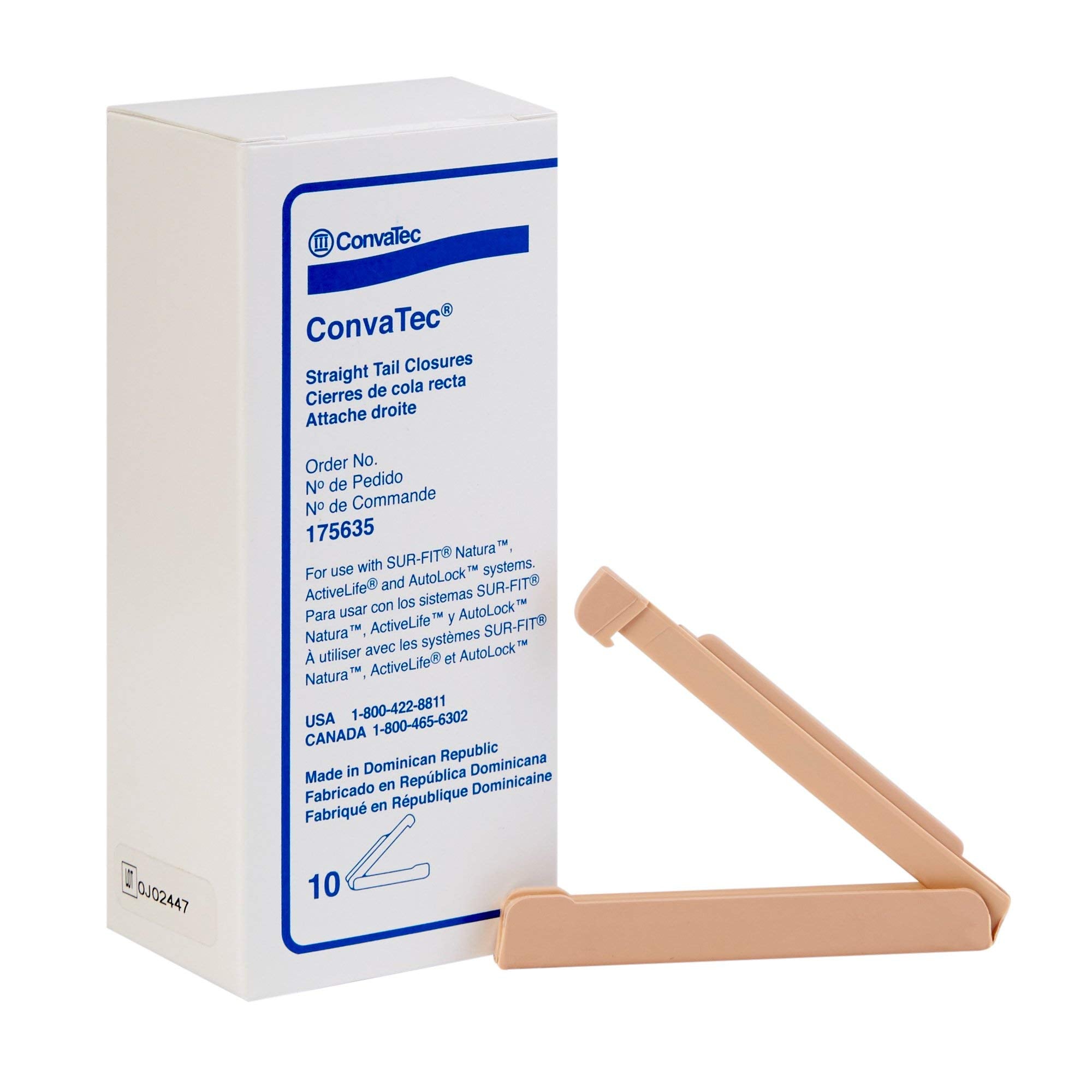 ConvaTec Closure Tail Surefit 10-pack box, front view for compact storage.
