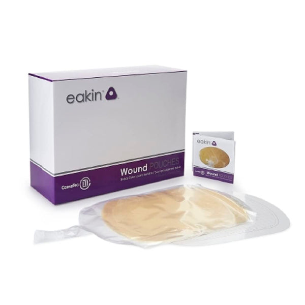 ConvaTec Eakin Wound Pouch, transparent pouch with remote drainage for secure drainage management and skin protection.