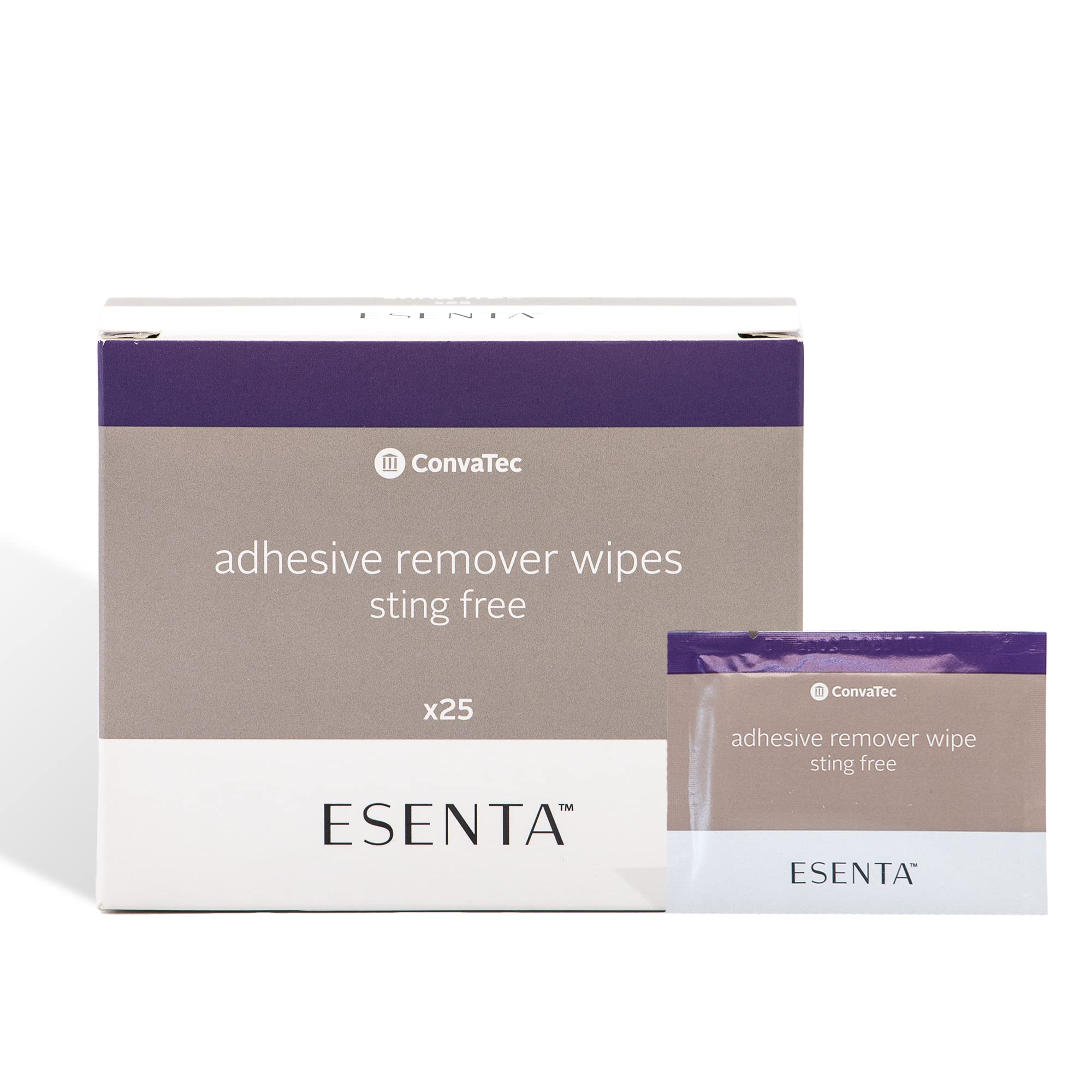 ConvaTec ESENTA adhesive remover wipes front pack, quick residue removal for stoma care