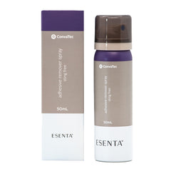ConvaTec ESENTA spray around stoma bottle showing quick adhesive removal for gentle skin care