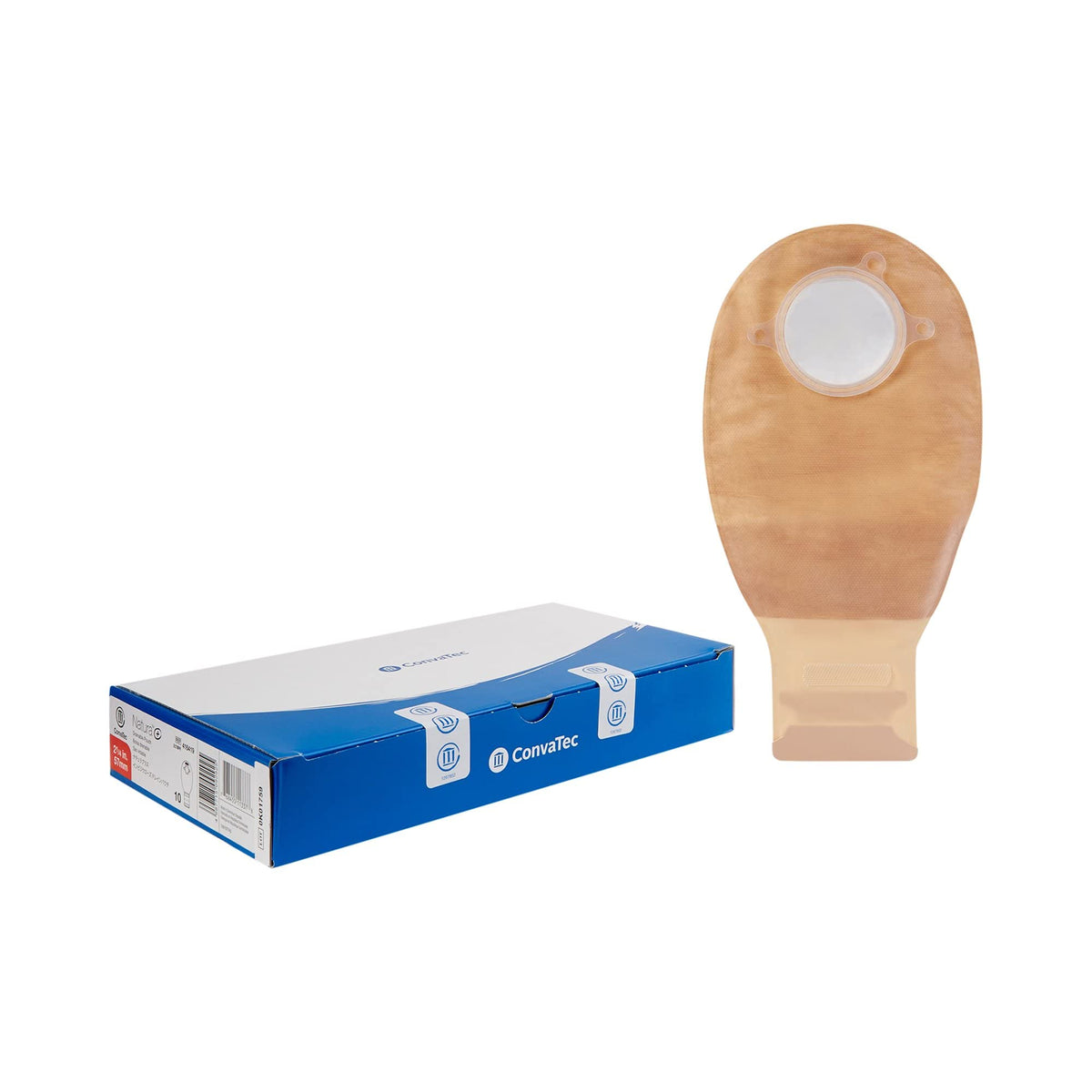 Convatec Natura filtered ostomy pouch front view shows a discreet transparent design for daily wear.