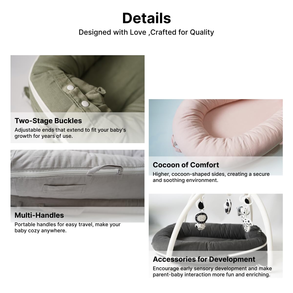 CooCooBaby elevated edges offer safe support during early mobility.