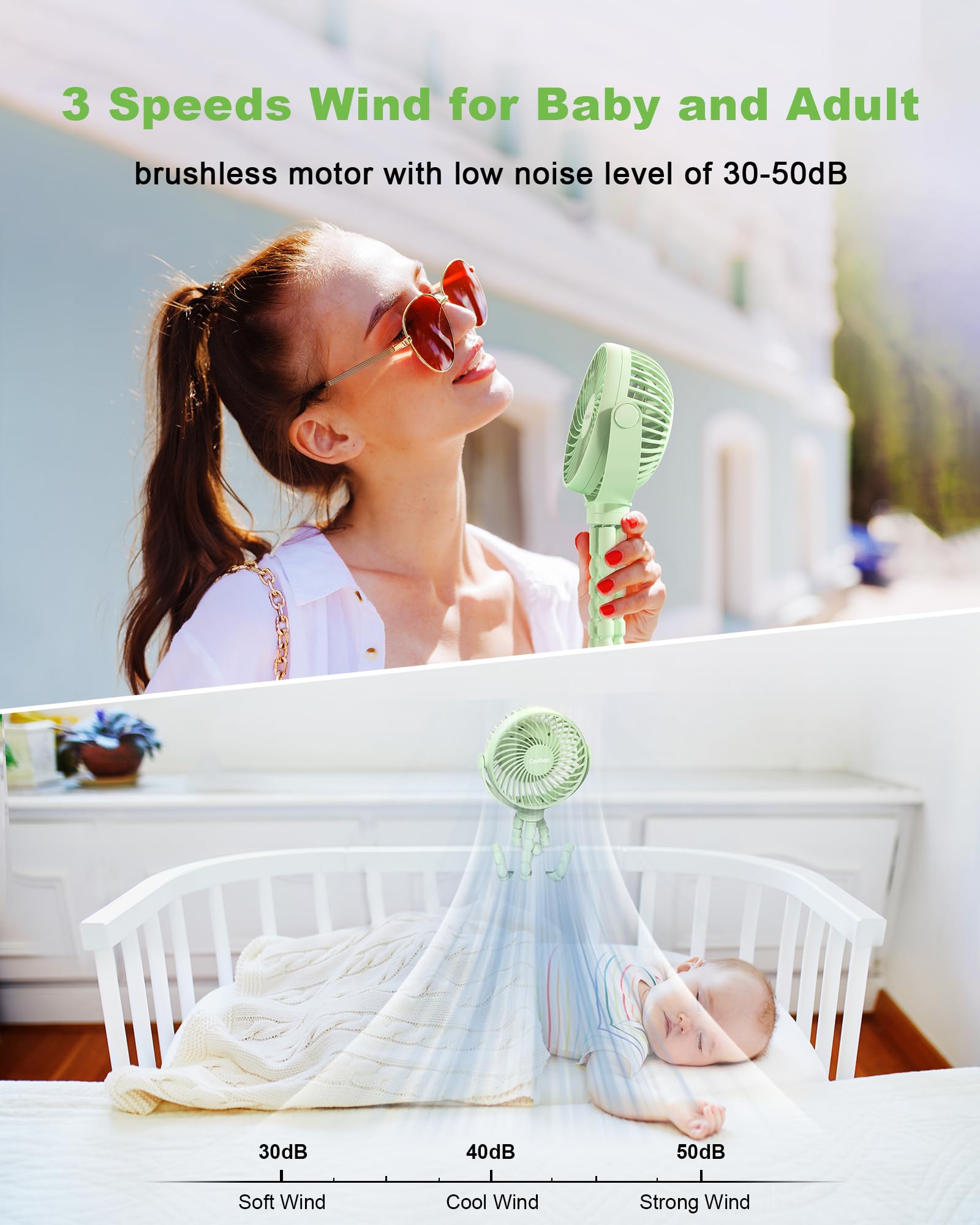 Coohea stroller fan head rotates 360° for precise wind direction.