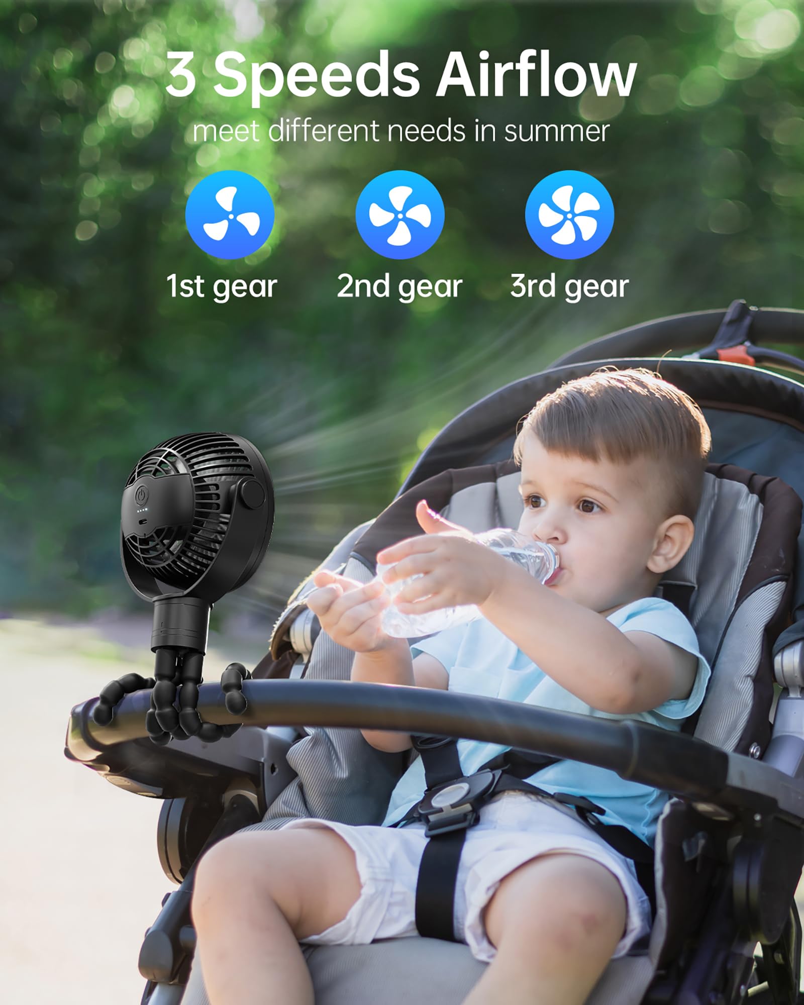 Coohea stroller fan 360° rotatable head for precise baby comfort.