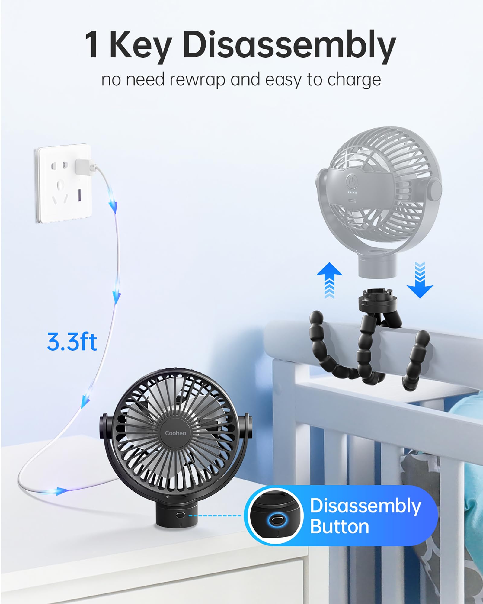 Coohea stroller fan flexible silicone tripod on strollers, cribs, bikes.