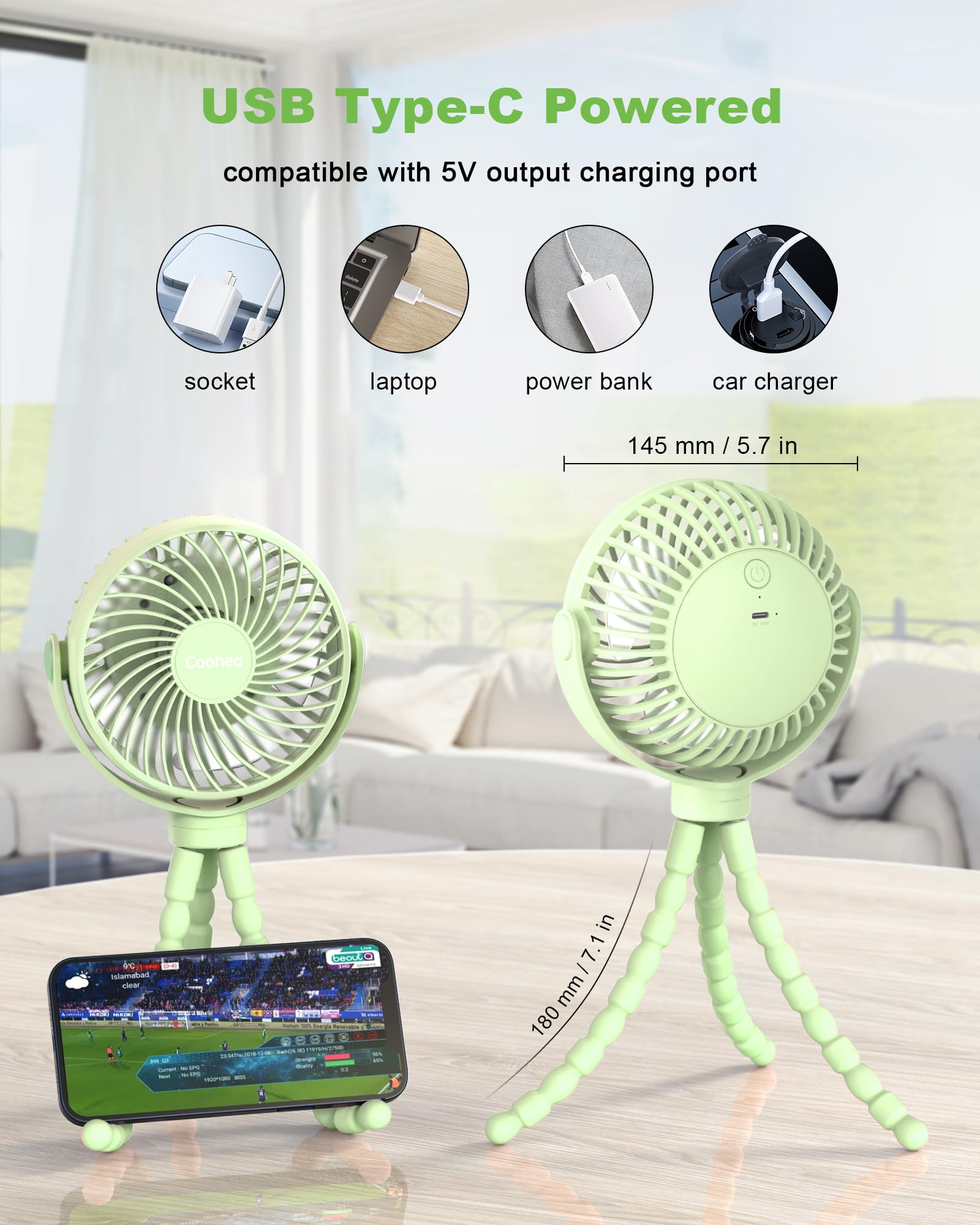 Coohea stroller fan in handheld and desk positions for versatile cooling.