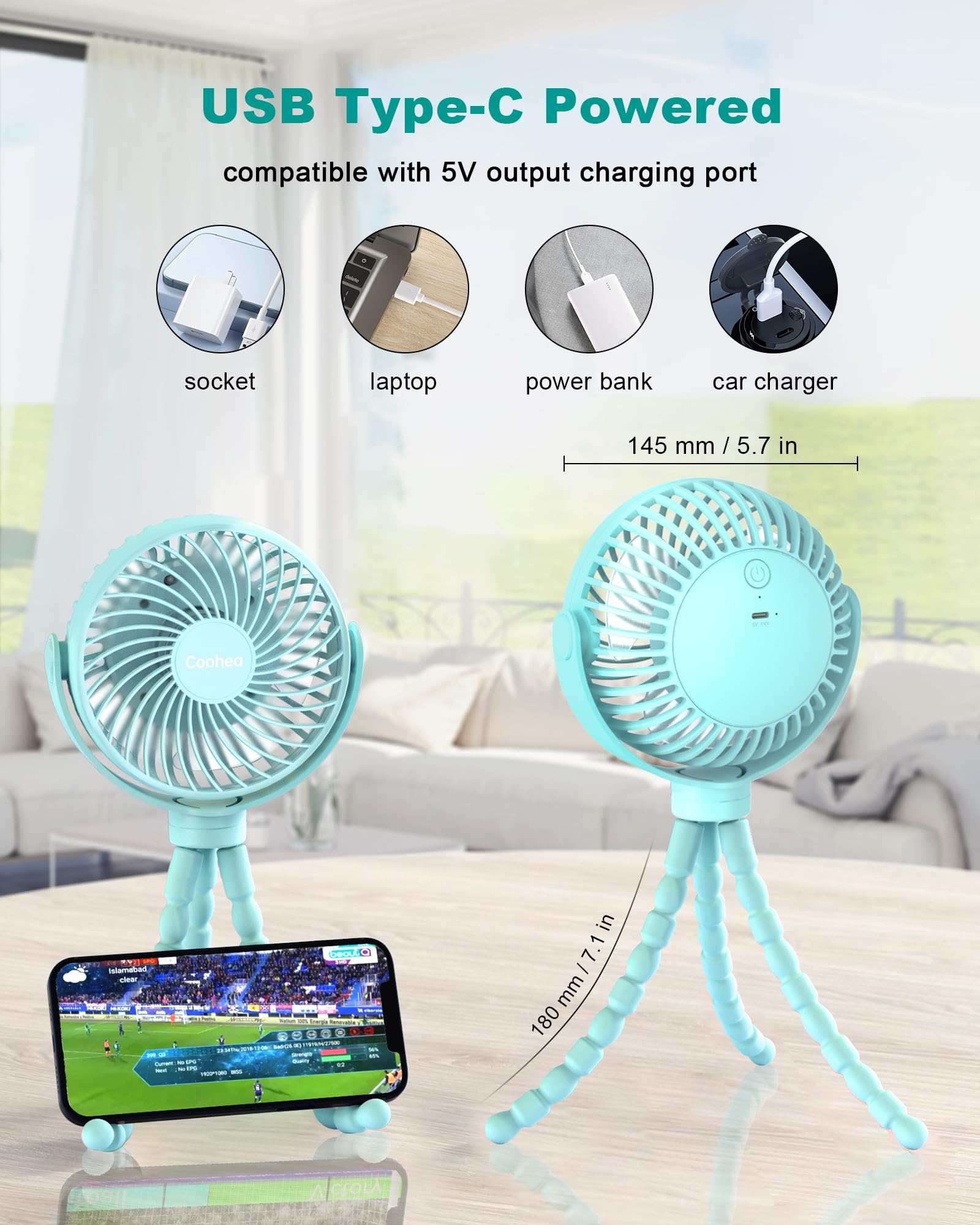 Coohea portable fan suitable for car seats, beach trips, and travel.