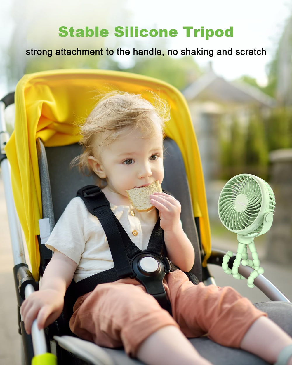 Coohea stroller fan silicone tripod grip protects surfaces during use.