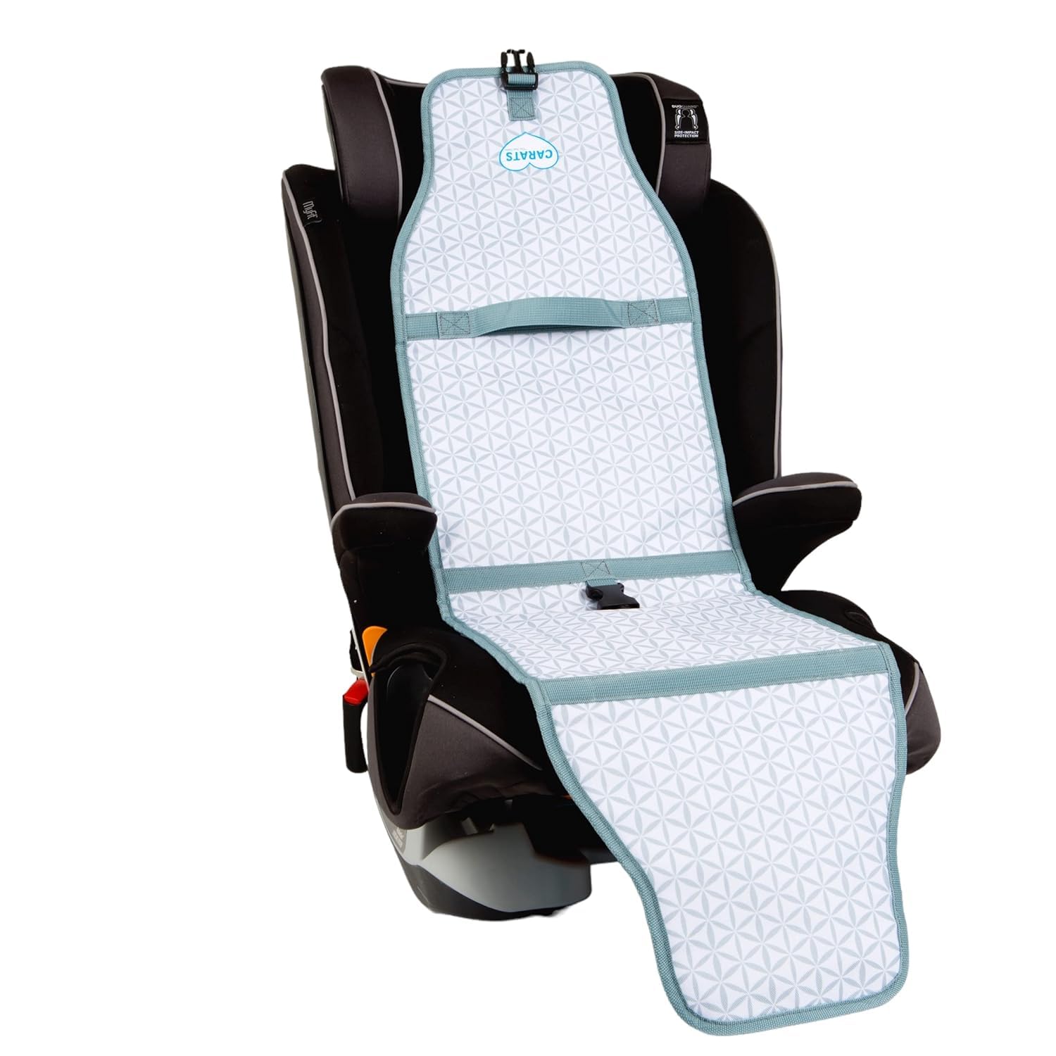 Cool Carats car seat cooling pad on a car seat cools hot surfaces for babies.