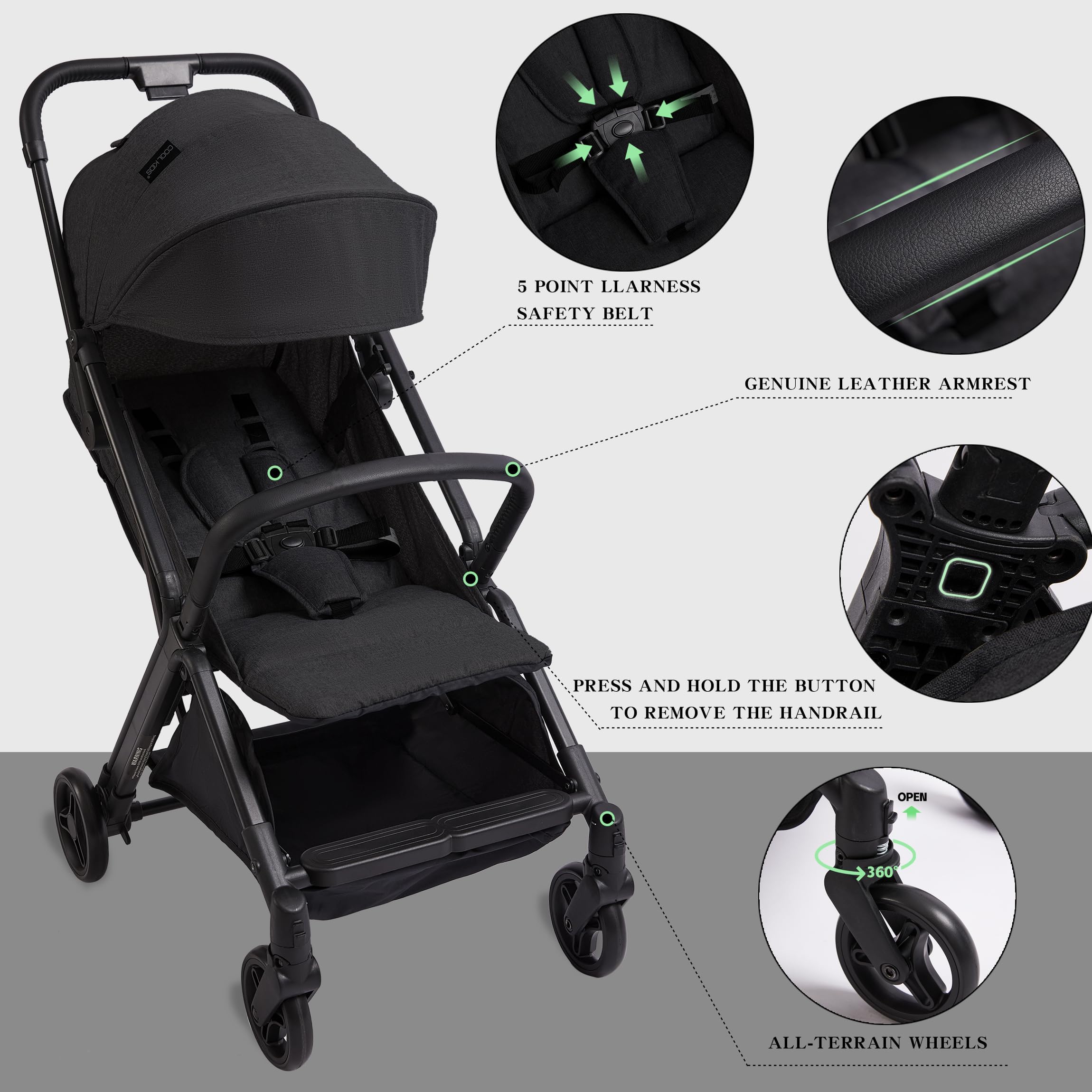 COOL KIDS stroller features a secure 5-point harness for child safety.