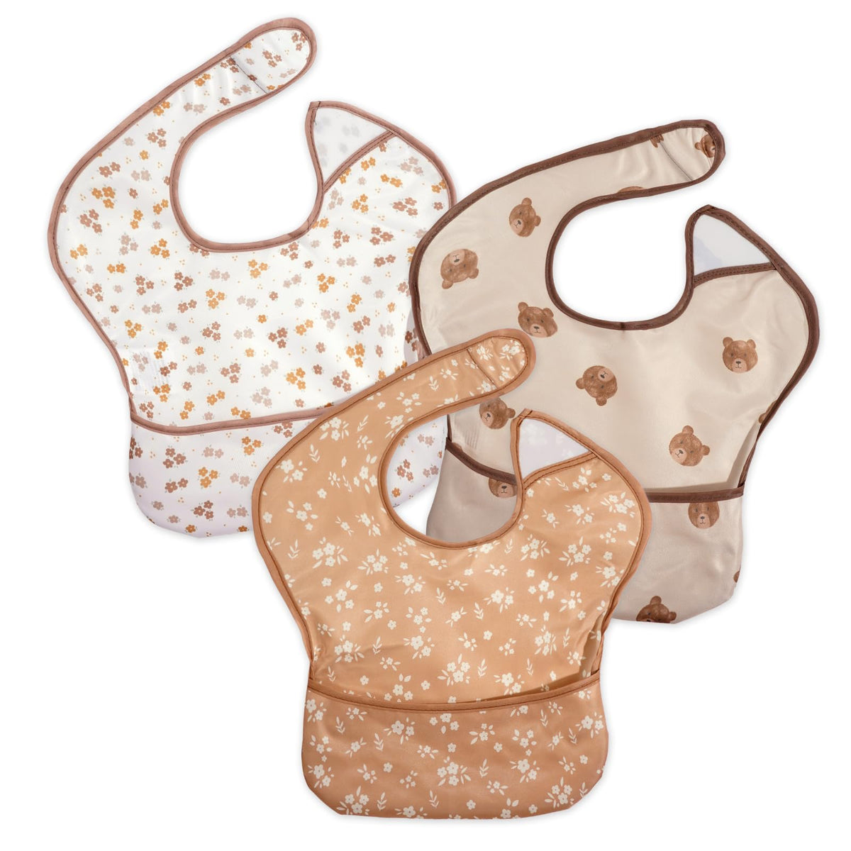 CoolaPeach bear-flower-pattern bibs with back pocket catch spills during meals