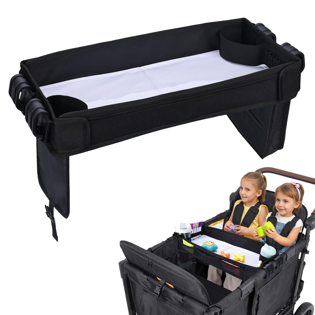 COOLBEBE stroller snack tray fits Wonderfold W4 securely, reducing spills.