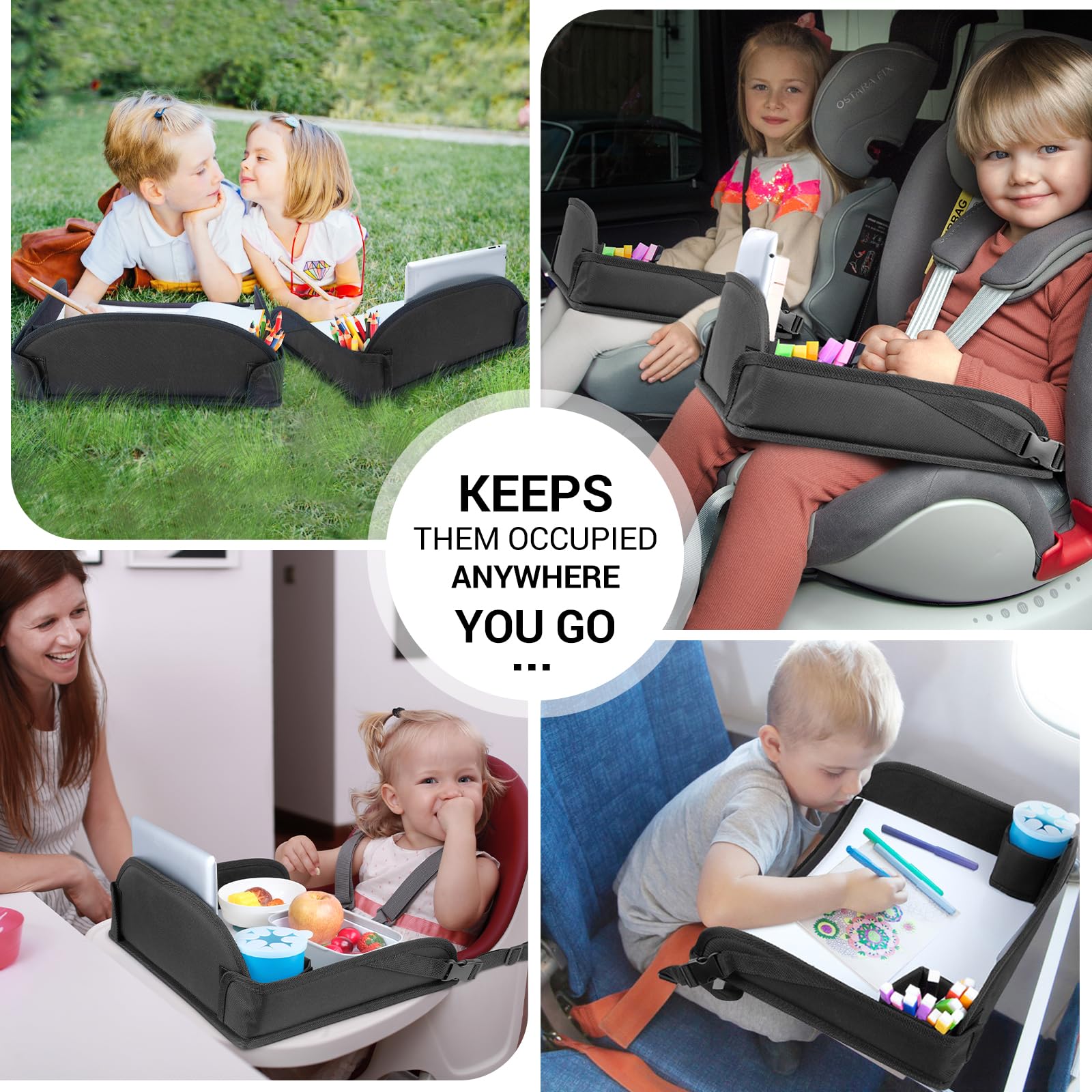 COOLBEBE travel tray in airplane setup showing compact foldable design for portability