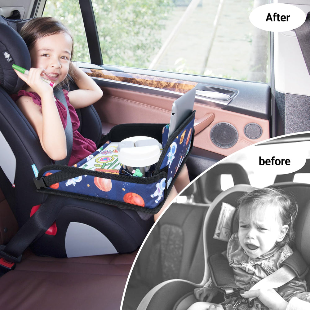 COOLBEBE travel tray blue space with cupholders, ideal for snacks.