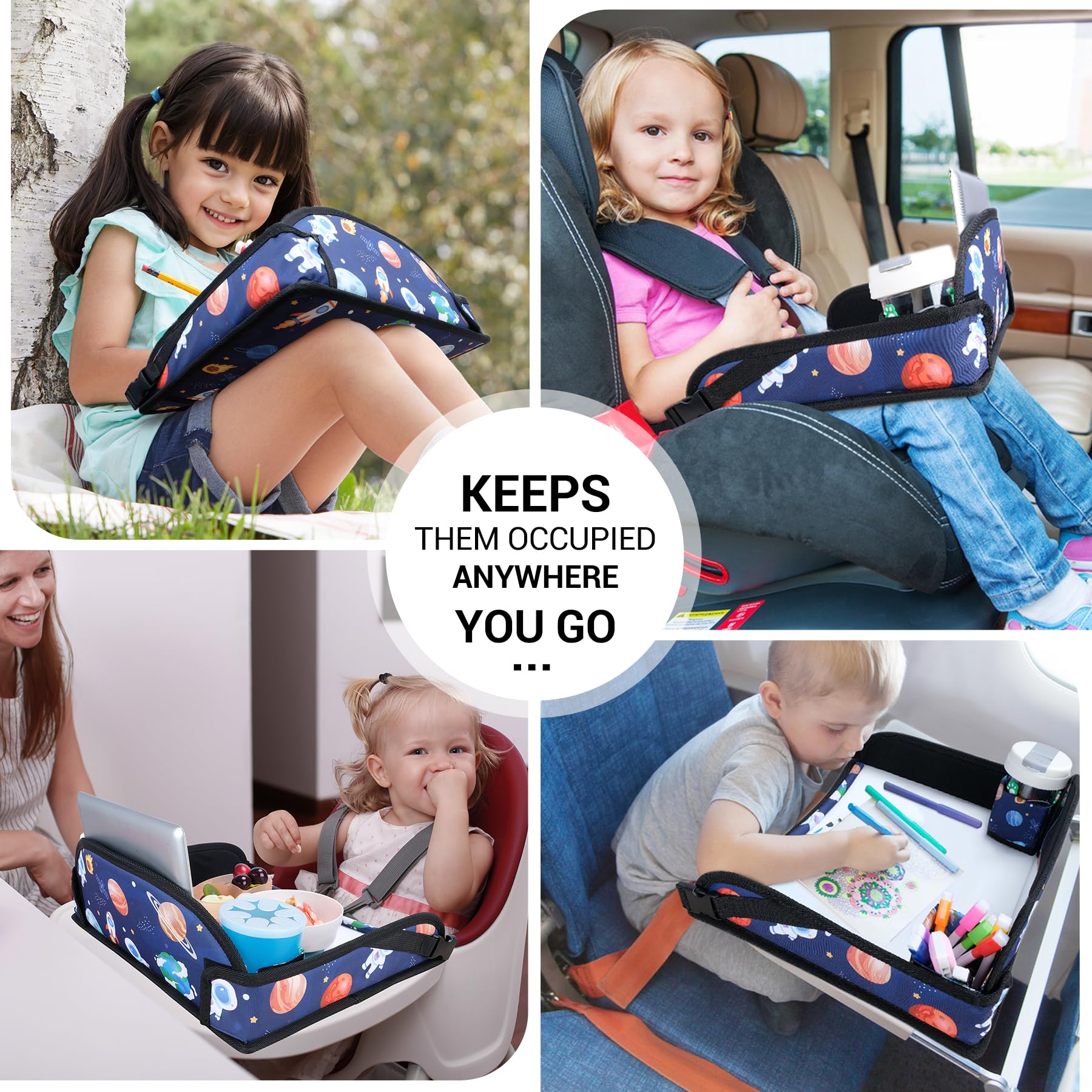 COOLBEBE travel tray blue space in use, attaches to car seat for mess-free trips.