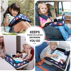 COOLBEBE travel tray blue space in use, attaches to car seat for mess-free trips.