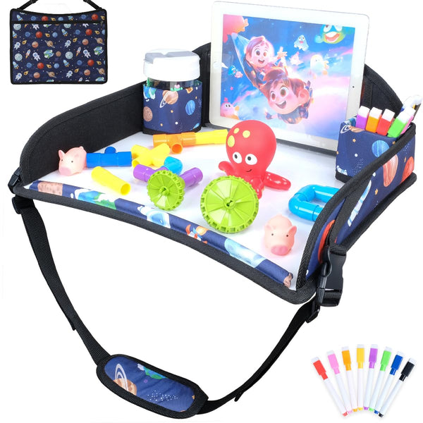 COOLBEBE travel tray blue space top view keeps kids organized during car trips.