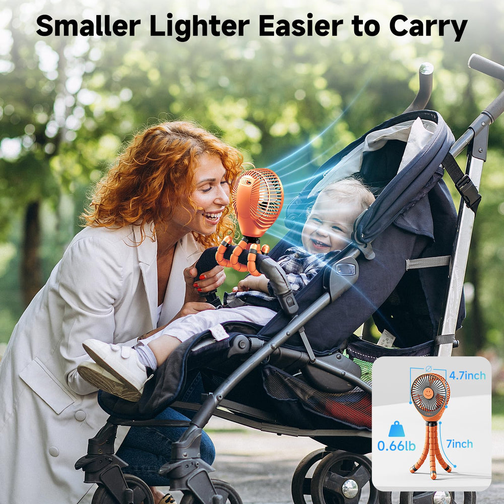 Coolice stroller fan flexible tripod adapts to strollers and chairs.