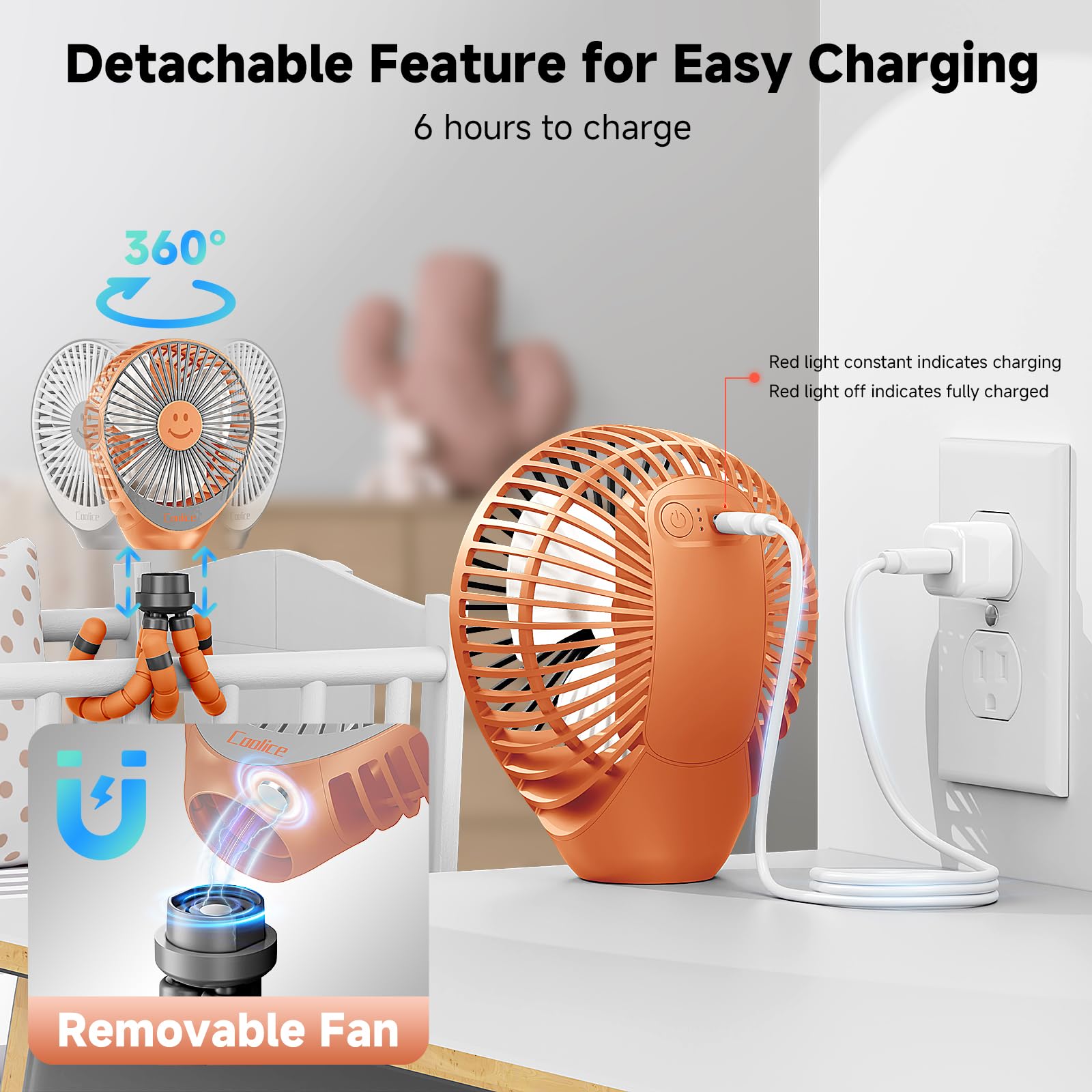 Coolice stroller fan removable head for easy charging and cleaning.