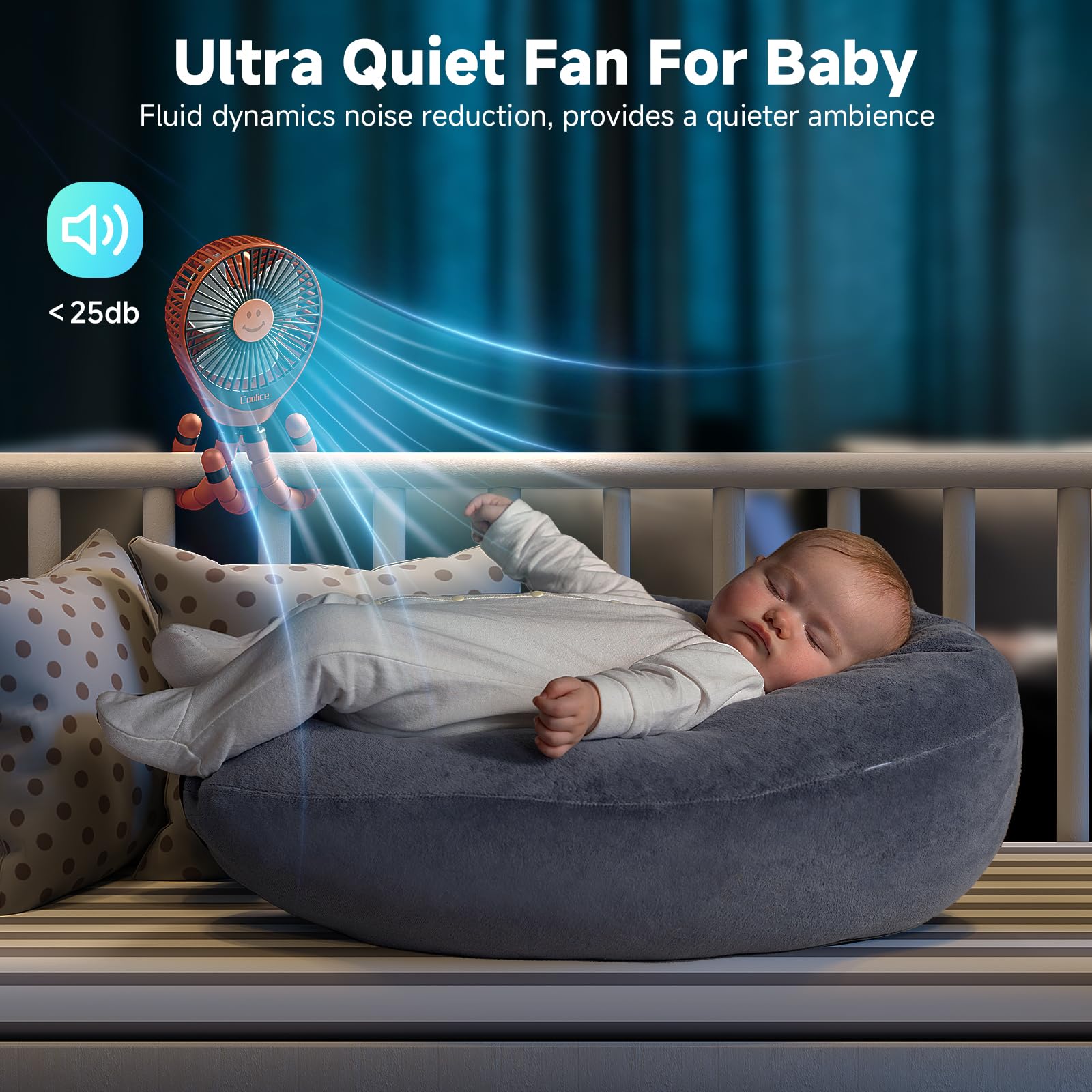 Coolice stroller fan with three speeds for gentle to strong airflow.